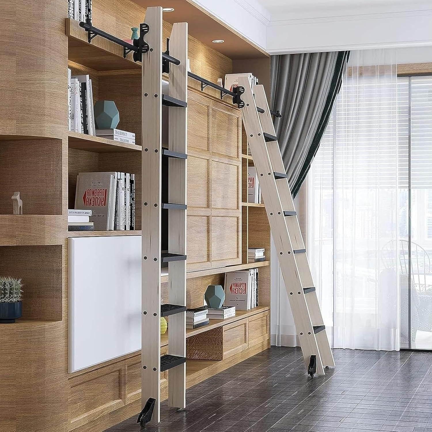 Scalable Rolling Bookshelf Ladder (without Ladder), Black Sliding Ladder Material Kit, Loft/study/living Room Mobile Ladder Track/rail with Pulley,6.6ft/200cm