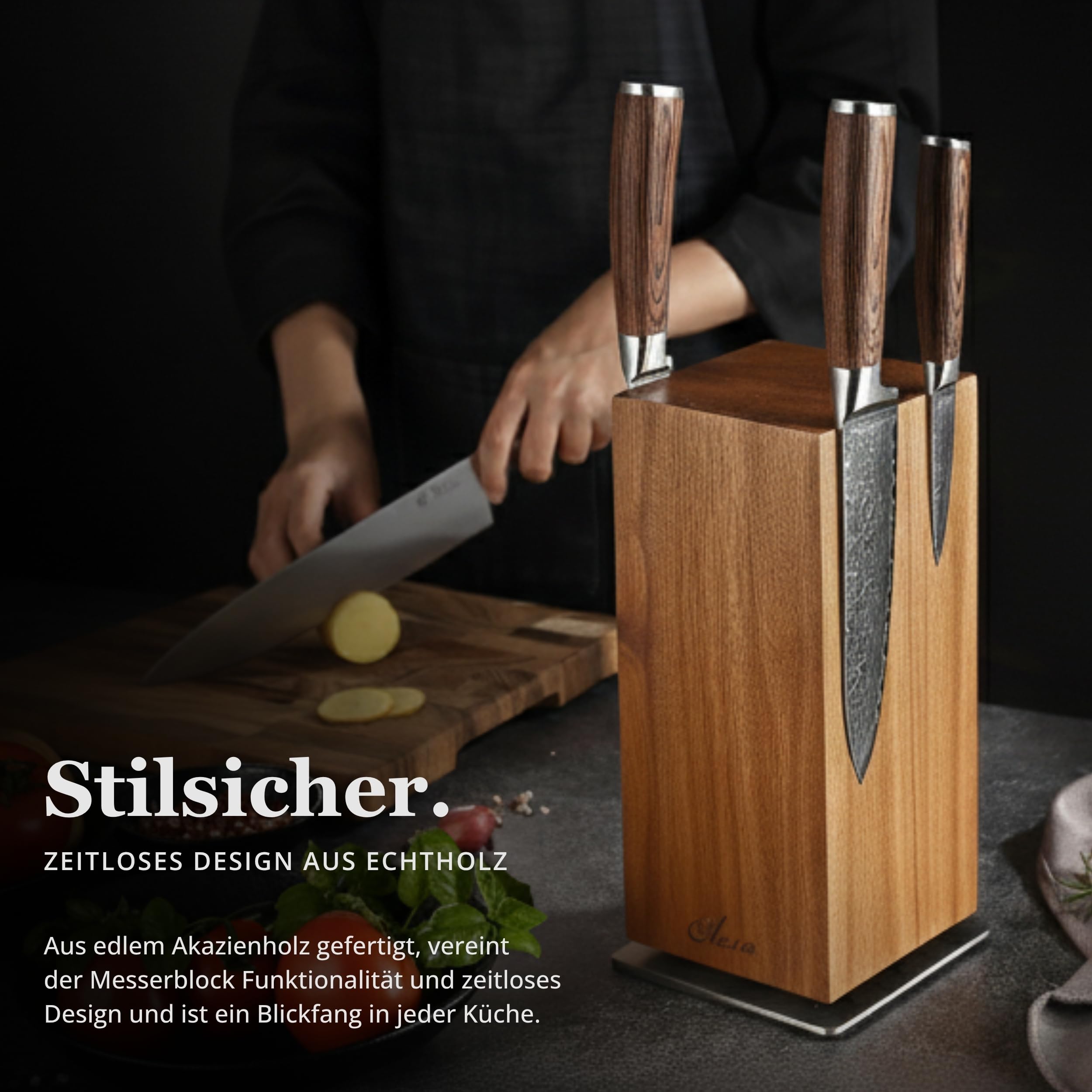OLEIO Maestro Messerblock magnetisch 360° drehbar Messerhalter aus massivem Akazienholz mit Edelstahlbasis und Kugellager, 3 Magnetreihen pro Seite, unbestückt für bis zu 8 Messer bis 26 cm Klingen
