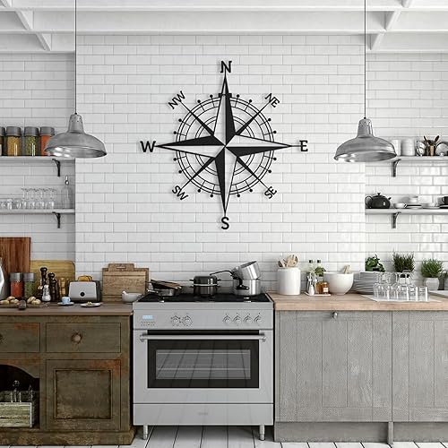 Miniatura 5 de Fayholy Brújula náutica arte de pared de metal rosa, decoración de pared de metal grande, brújula de metal negro, arte de metal al aire libre,