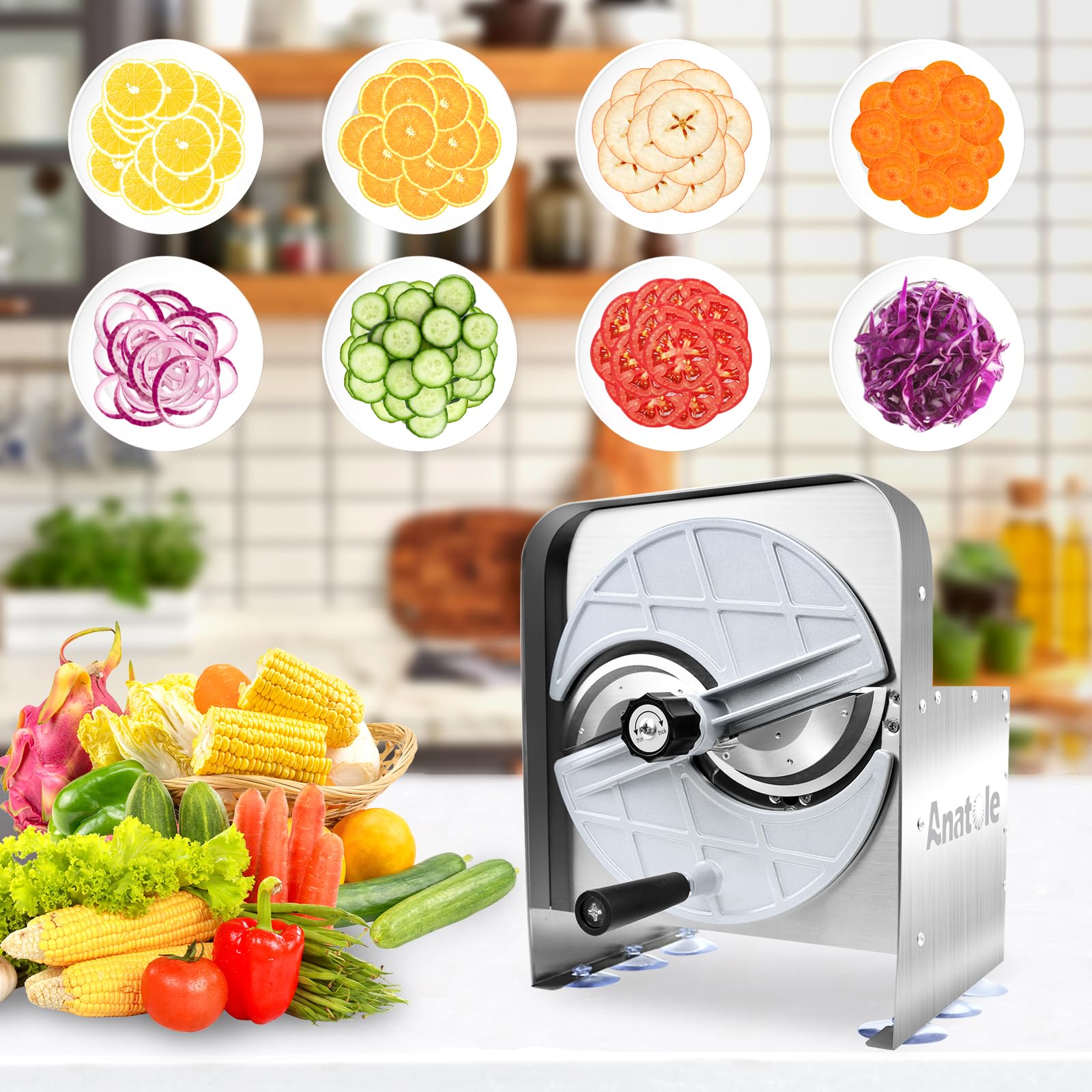 Anatole Gemüseschneider Manuell Gemüsehobel Edelstahl Obstschneider 0-10mm | Einstellbare Dicke, Profi, für Zwiebeln Tomaten Kartoffeln Karotten Zitronen Orangen Chips, für Gastronomie Restaurant Hause