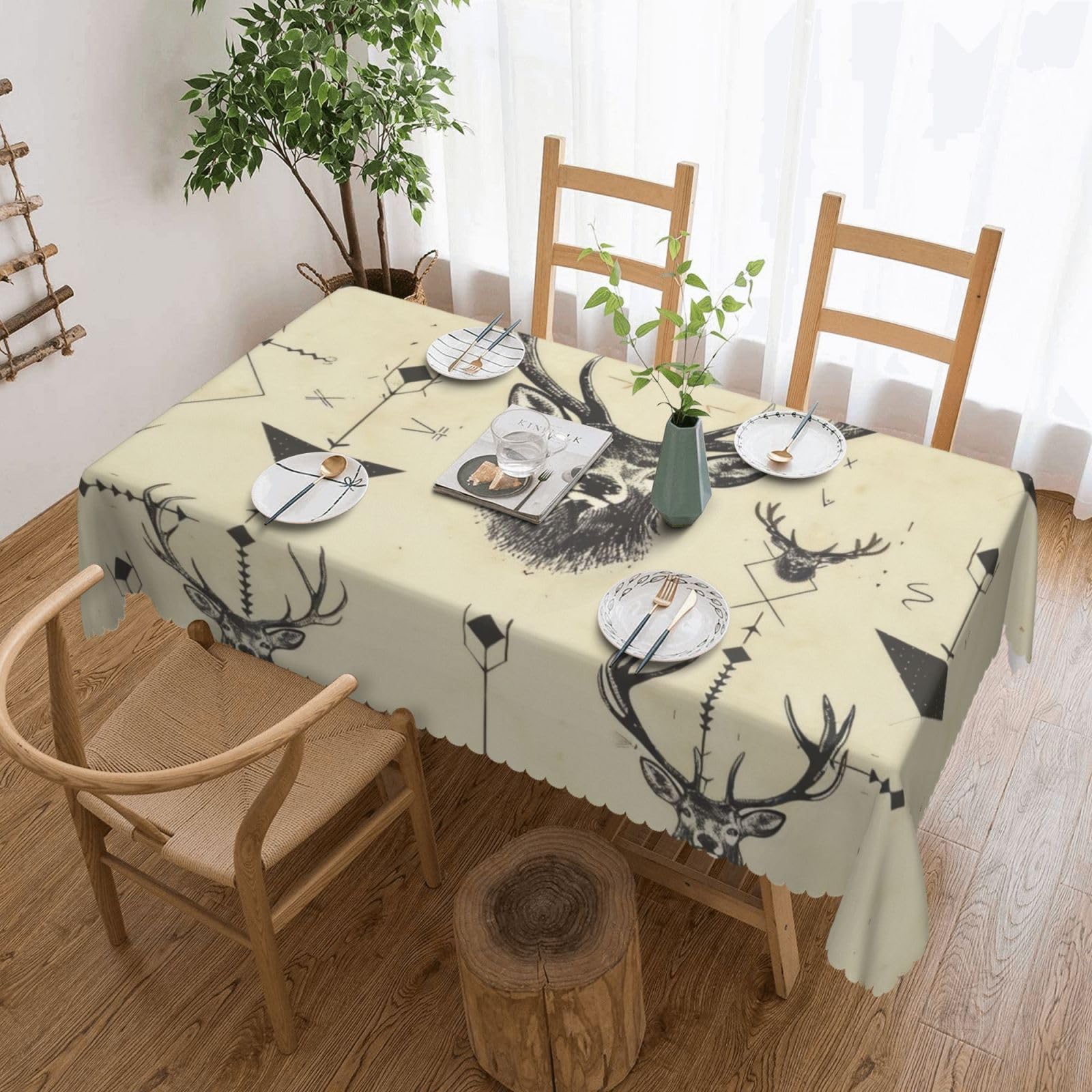 WPKJU Hunting Arrows Triangles Deer Printed Rectangle Tablecloth 72x54 Inch with Lace Trim, Water-Resistant Washable Table Cover for Farmhouse Weddings, Outdoor Picnics & Holiday Dining