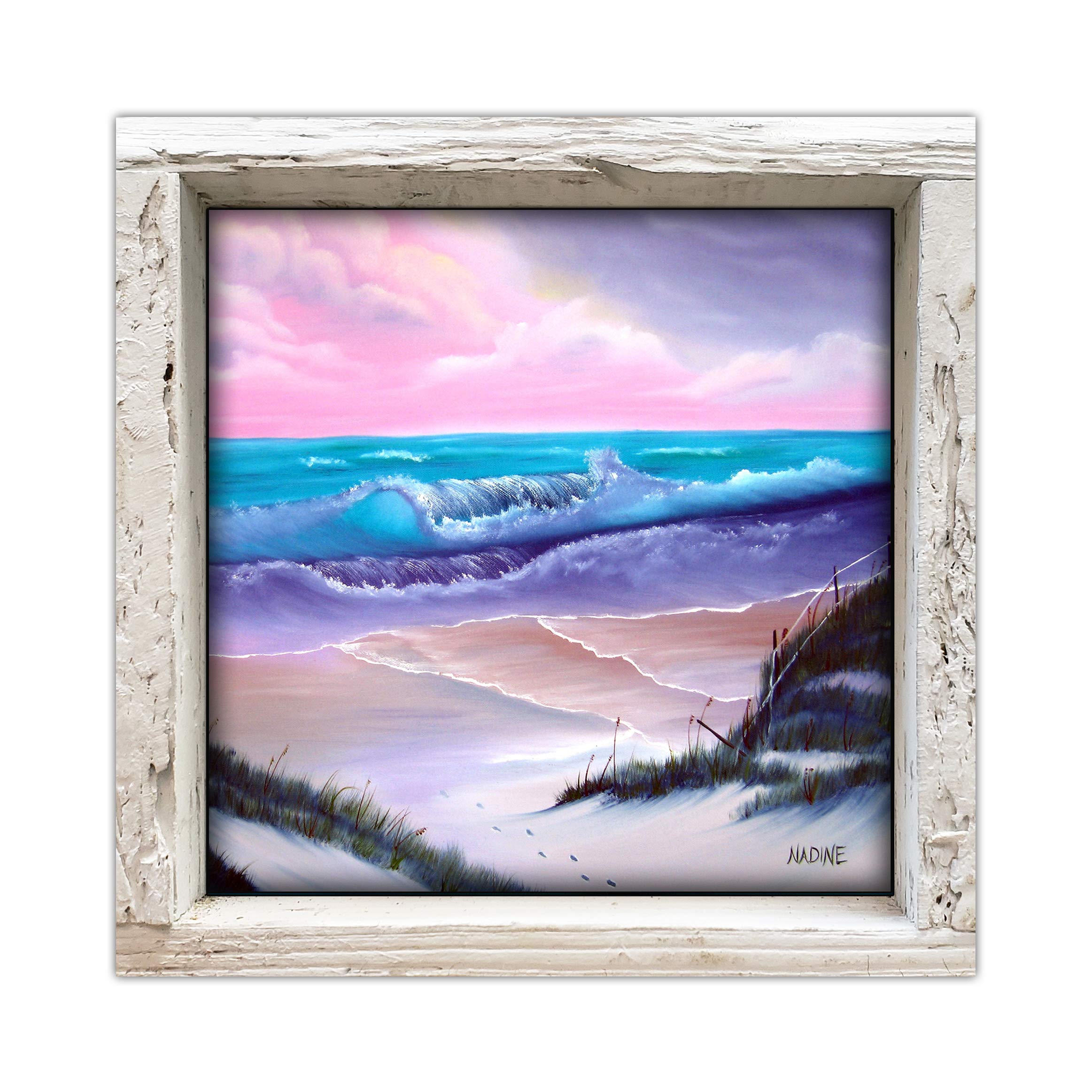Footprints in The Sand | Original Art Print on a 4.25 x 4.25 Glossy Ceramic Tile Framed in Lobster Trap Frame