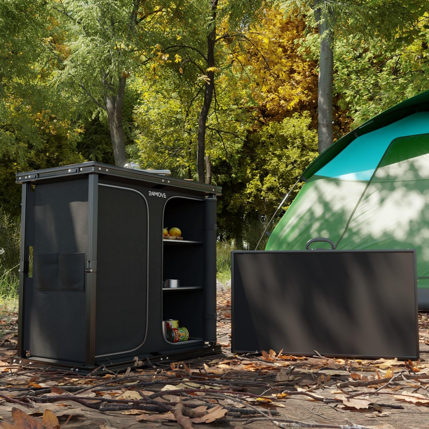 24MOVE® Campingküche, Faltbare Outdoor Küche Arbeitsplatte, MDF Einlegeböden, Besteckfächern, Tragegriff
