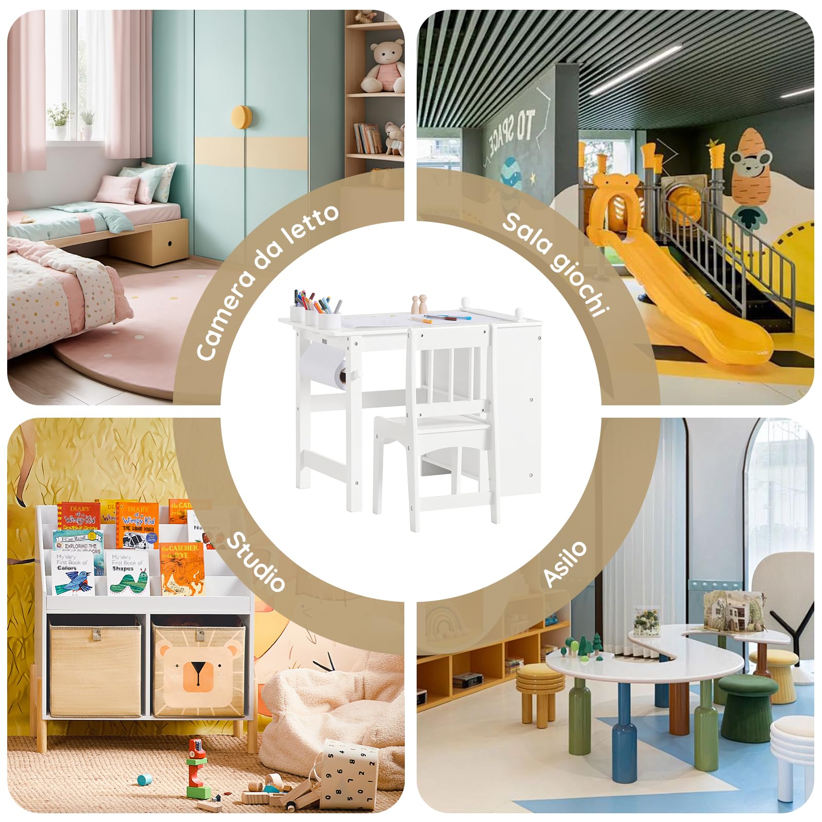 SoBuy KMB60-W Tavolino Bambini Set Tavolo e Sedie Multiattività 2 Ripiani Bianco 80x54x65,5cm