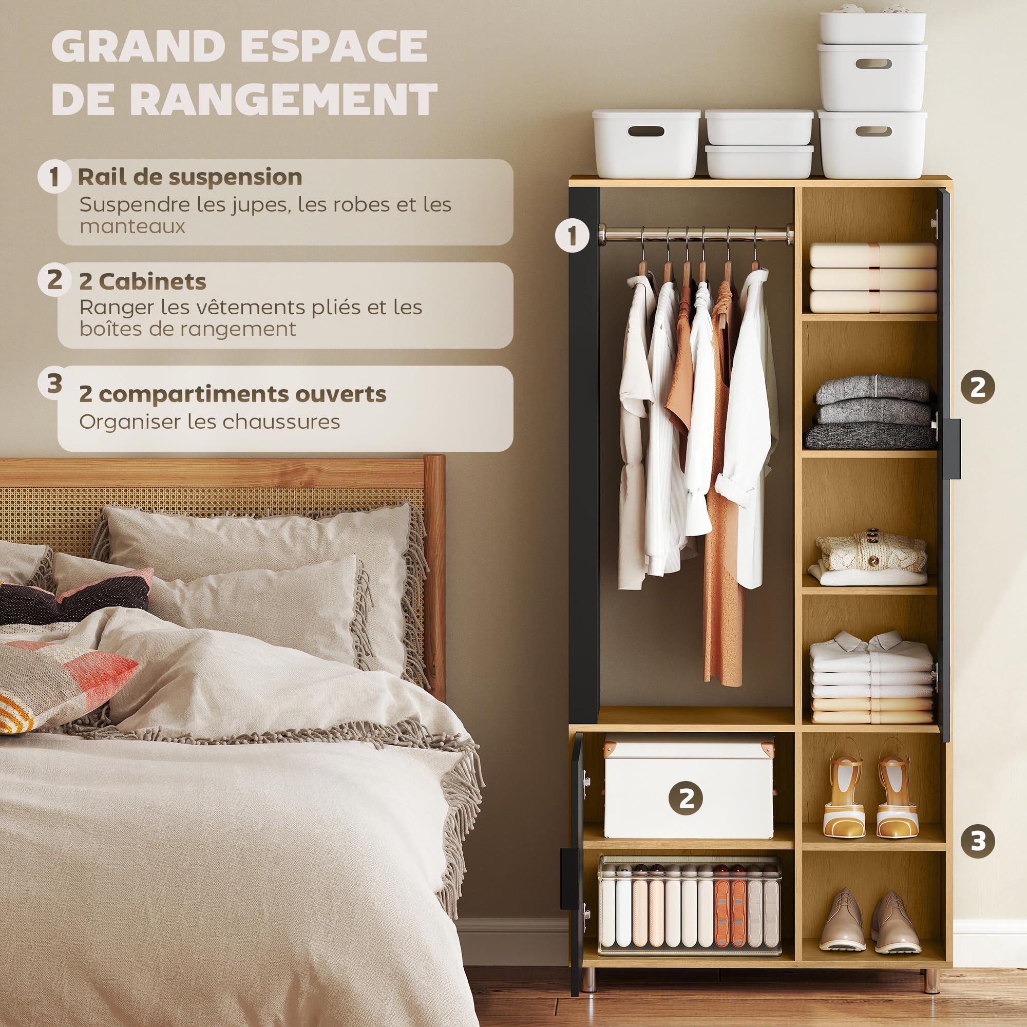HOMCOM Armoire Chambre penderie Dressing Moderne Armoire de Rangement avec Miroir, Compartiments Ouverts, Placard et Tringle de Suspension, 80 x 30 x 170 cm, Bois Naturel