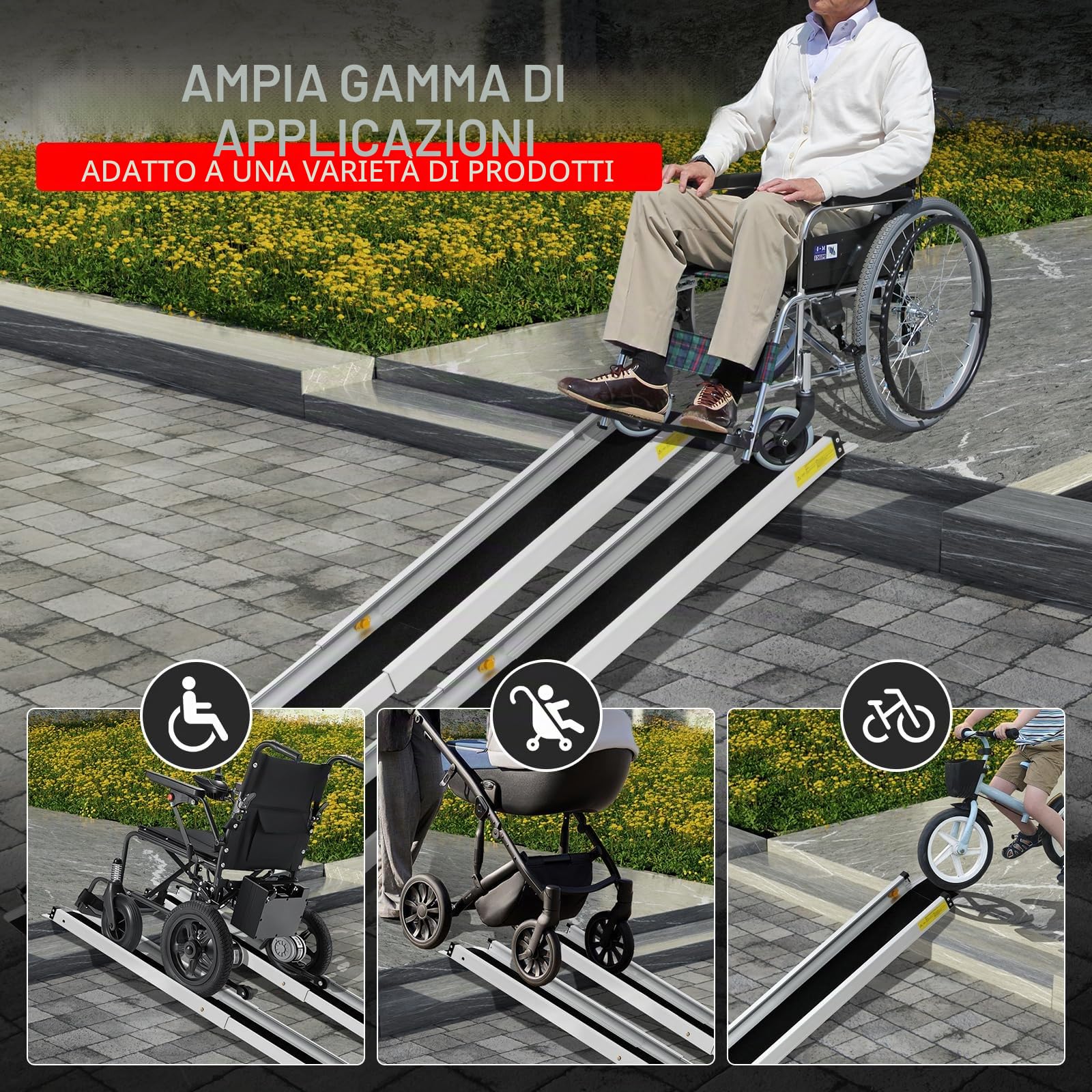 2PCS Rampa Telescopica per Sedia a Rotelle, Max 272 kg 120-213 cm Regolabile in Alluminio Antiscivolo, per Scale e Ostacoli, con Borsa in Tessuto