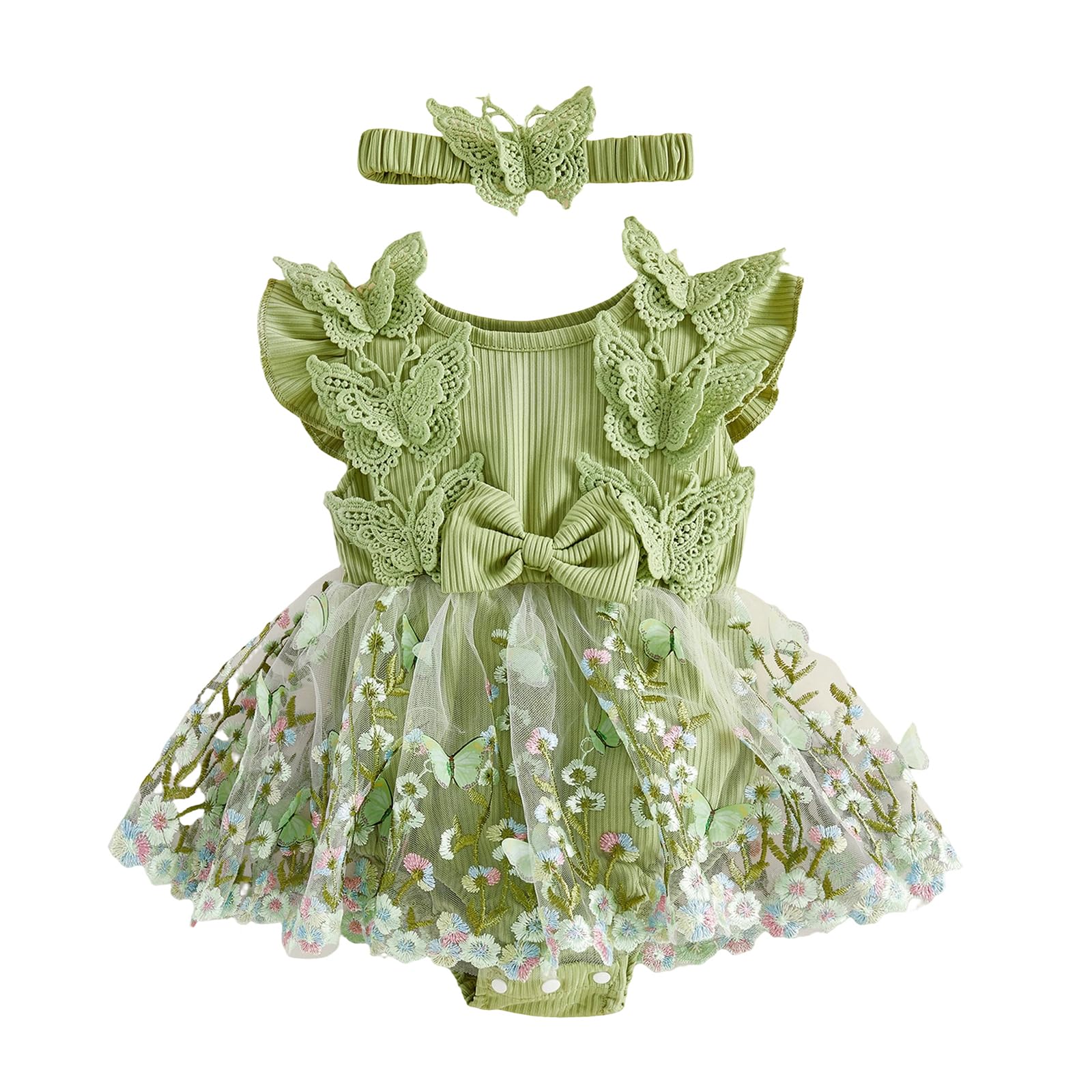 Caziffer 2Pcs Ensemble Bébé Fille Été, Robe Barboteuse à Manches Volantes, Fleur Brodée, Tulle Patchwork, 3D Papillon Décor, avec Bandeau, Tenue pour Bébé Fille Chic, 0-18 Mois