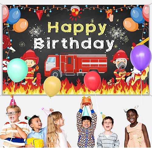 Miniatura 5 de Tatuo Cartel de fondo de fiesta de cumpleaños de camión de bomberos, 71 x 43 pulgadas, decoración de cumpleaños para niños y niñas, decoración de