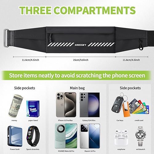 Miniatura 4 de Cangurera delgada para correr para hombres y mujeres, soporte para teléfono para correr, riñonera, cinturón de dinero con 3 bolsas separadas para