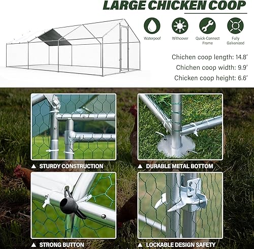 Miniatura 3 de Gallinero grande de metal para pollos, jaula de aves de corral para patio con cubierta impermeable y resistente a los rayos UV, corral para