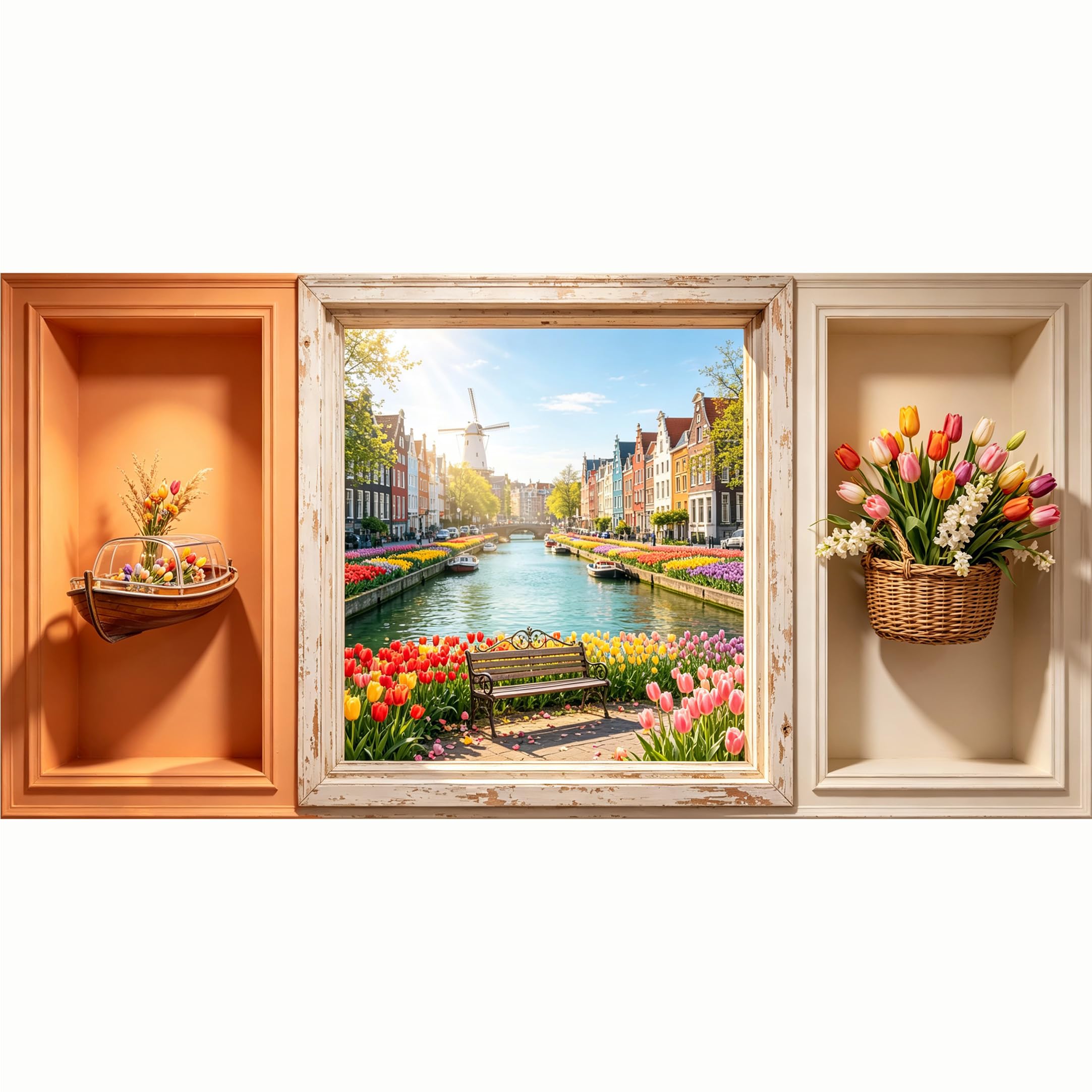 QZLITHOTIC 50x100cm 3D Framed Wall Art， Dutch Canal Tulip Landscape Self‑Adhesive Mural， Water‑Activated Peel & Stick Fabric Decor Wall Decal for Bedroom Living Room