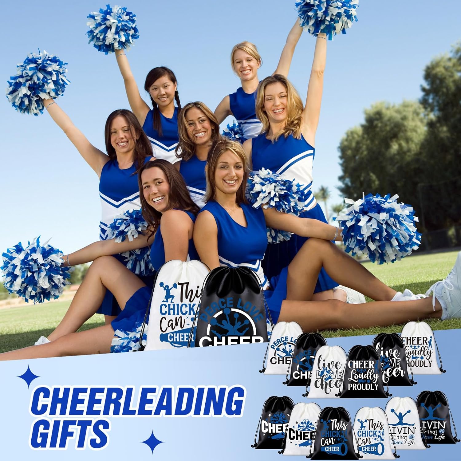 Chicingyou 12 Sets Cheerleader Gifts Girls Cheer Drawstring Backpack Bracelet Keychain Hair Band Sock Bulk, Cheer Accessories for Team, Sports Events, Contest, Party, Birthday, Women