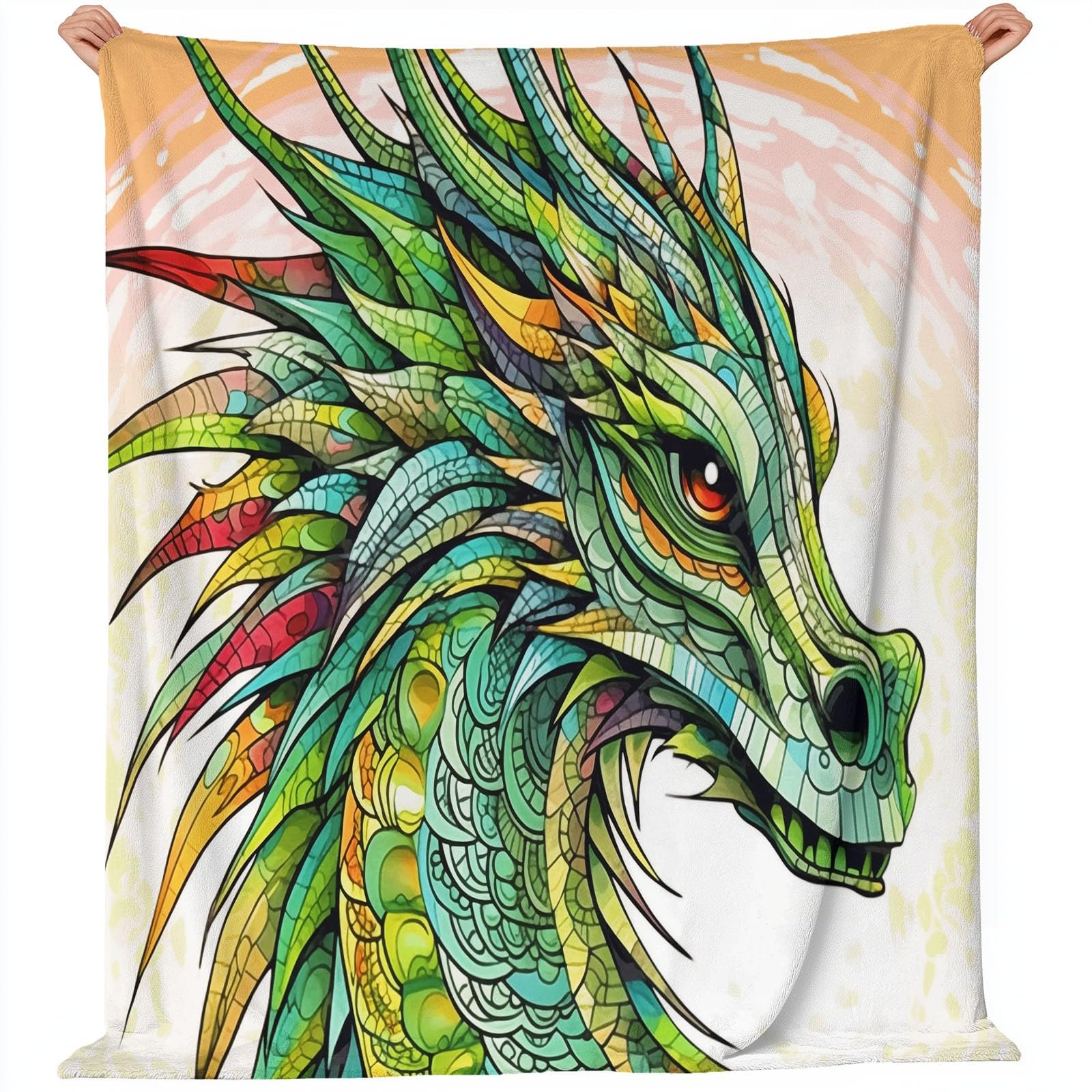 Zielony koc polarowy 200 x 220 cm, koc dziecięcy – fantazyjna głowa smoka, wzór linii, puszysty, flanelowy koc na jesień i zimę, ciepły, super miękki koc polarowy Sherpa na sofę, łóżko, krzesło