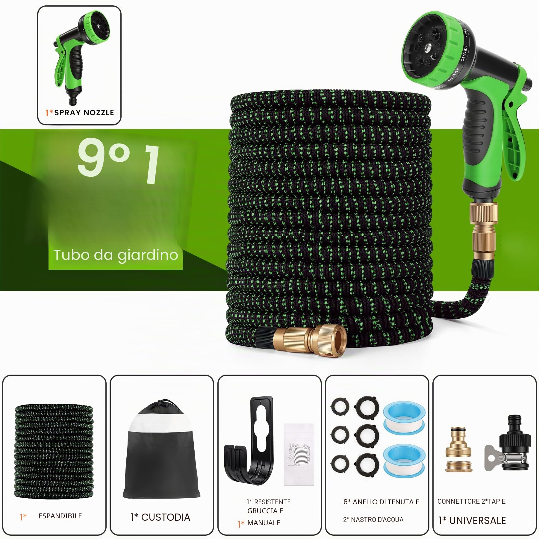 Tubo Acqua Giardino Estensibile 30m, Pistola Acqua a 10 Modalità di Spruzzo, Tubo Flessibile Antigroviglio con con Adattatori 1/2" e 3/4", per Autolavaggio, Giardino, Prato, Bagni Animali