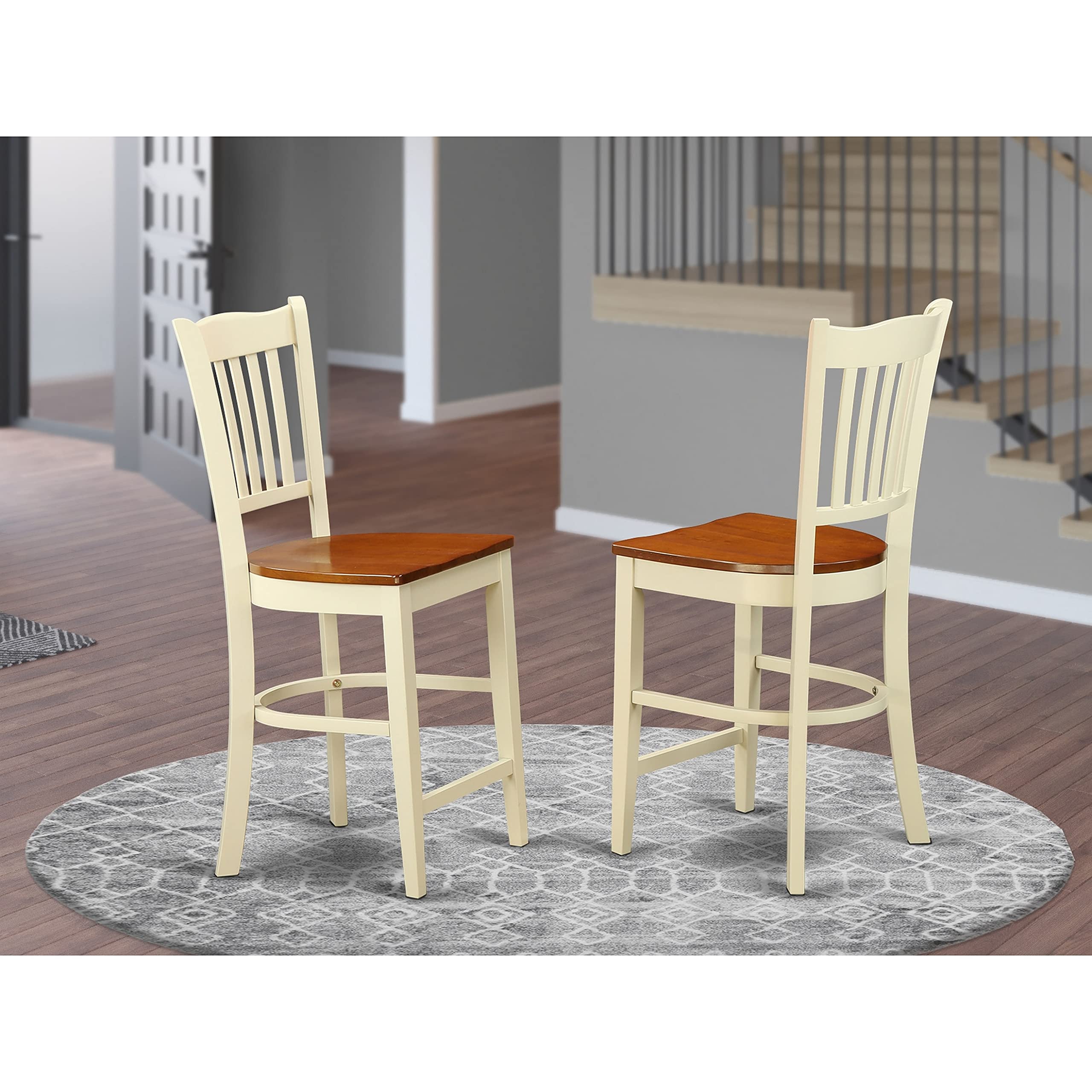 East West Furniture Groton counter height chairs-Wooden Seat and Buttermilk Solid wood Structure counter height dining chairs set of 2