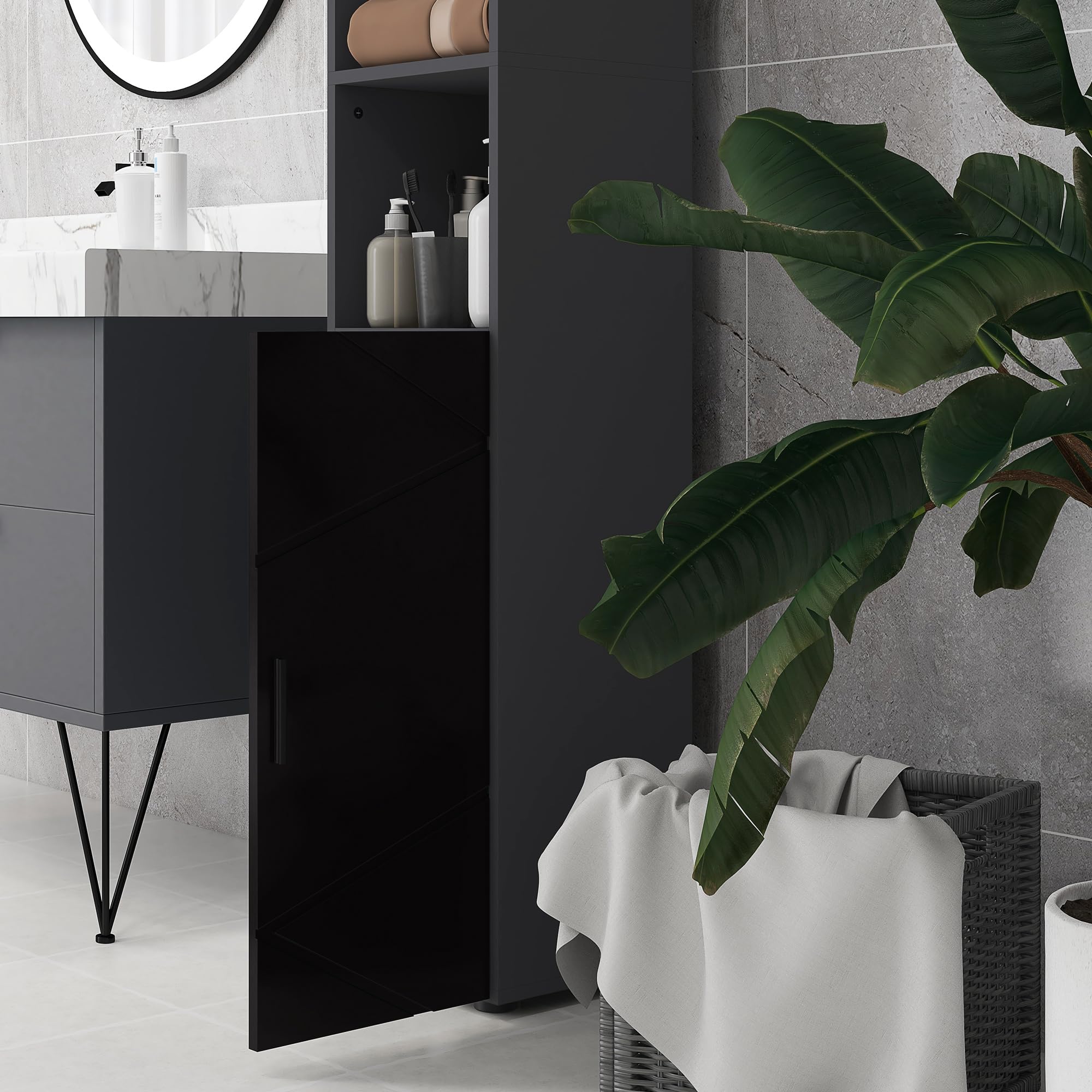 kleankin Colonna Bagno in Truciolato con 2 Ripiani Aperti e 2 Armadietti a 2 Livelli Regolabili, 30x30x183 cm, Nero e Grigio Scuro