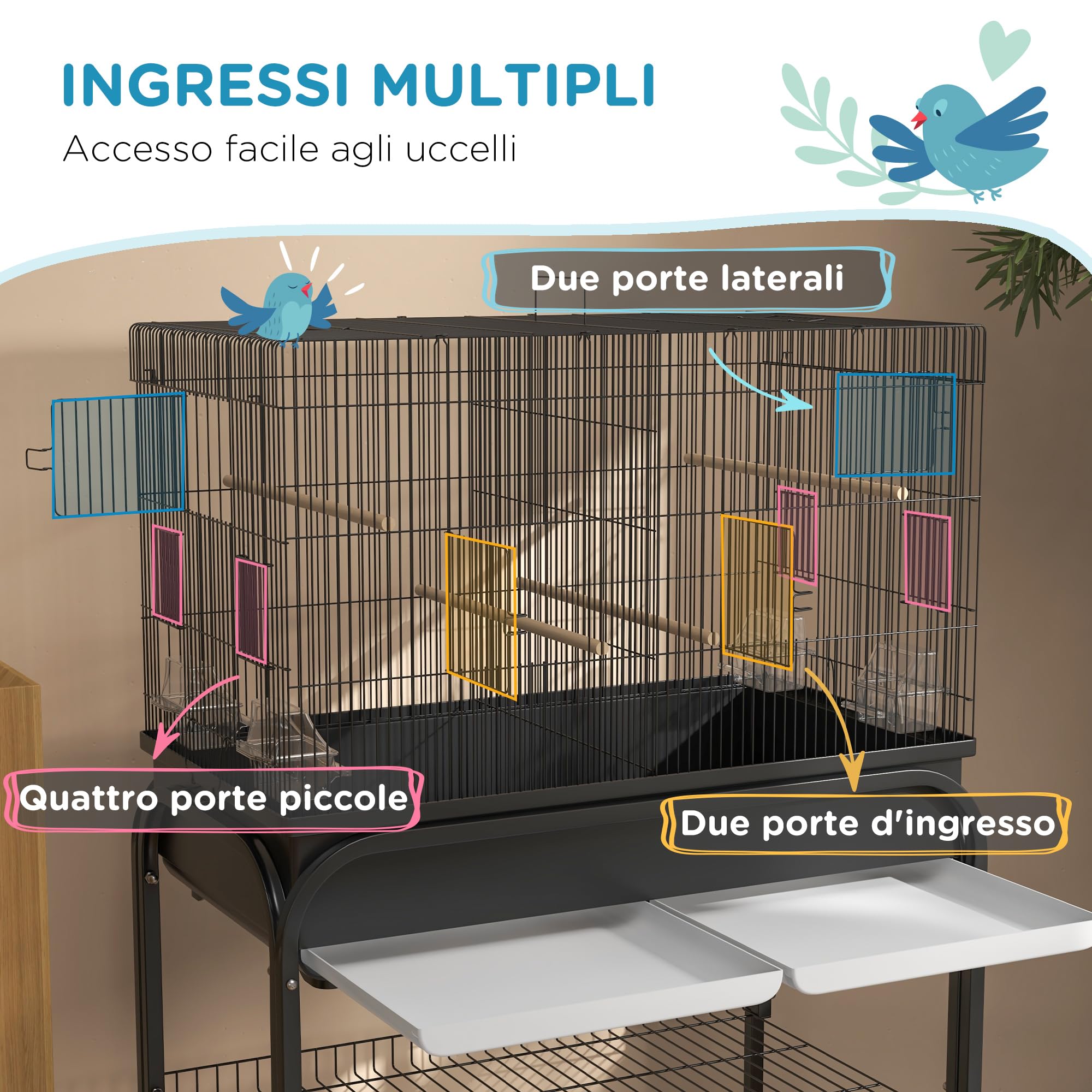 PawHut Gabbia per Uccelli da Interno con Vassoio, Ripiano e Ruote, Voliera in Acciaio per Cocorite, Canarini, Calopsitte e Pappagalli, 85x49x119 cm, Nero