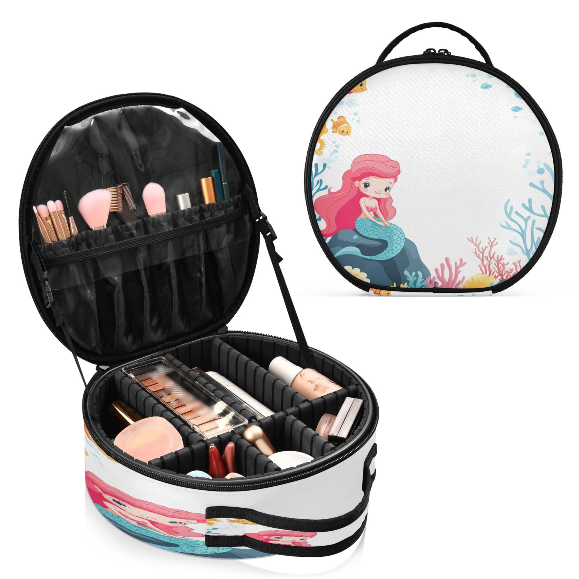 Takiito Cute Mermaid Travel Makeup Case Portable Makeup Box Artist Cosmetic Case Organizer With Adjustable Dividers