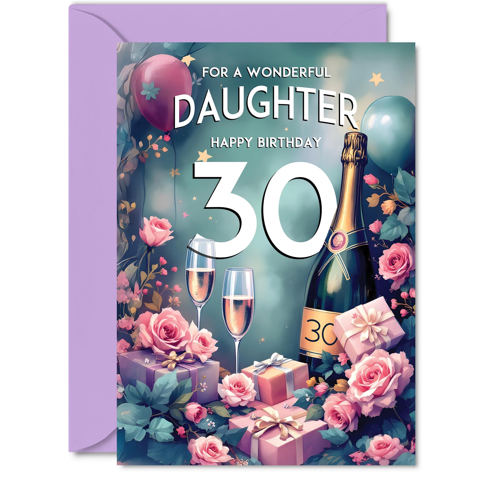 30th Birthday Card Daughter, Pink Presents Champagne Bottle