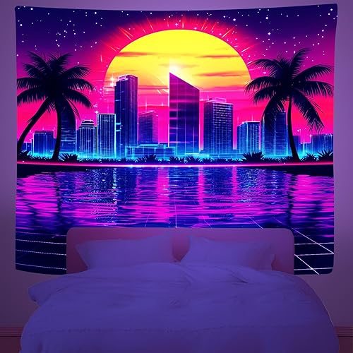 Miniatura 1 de Zpryzmia Blacklight Retro Synthwave Tapestry, UV Reactive Neon Punk City Tapestries Wall Hanging Black Lights Posters Starry Sky Sun Palm Trees