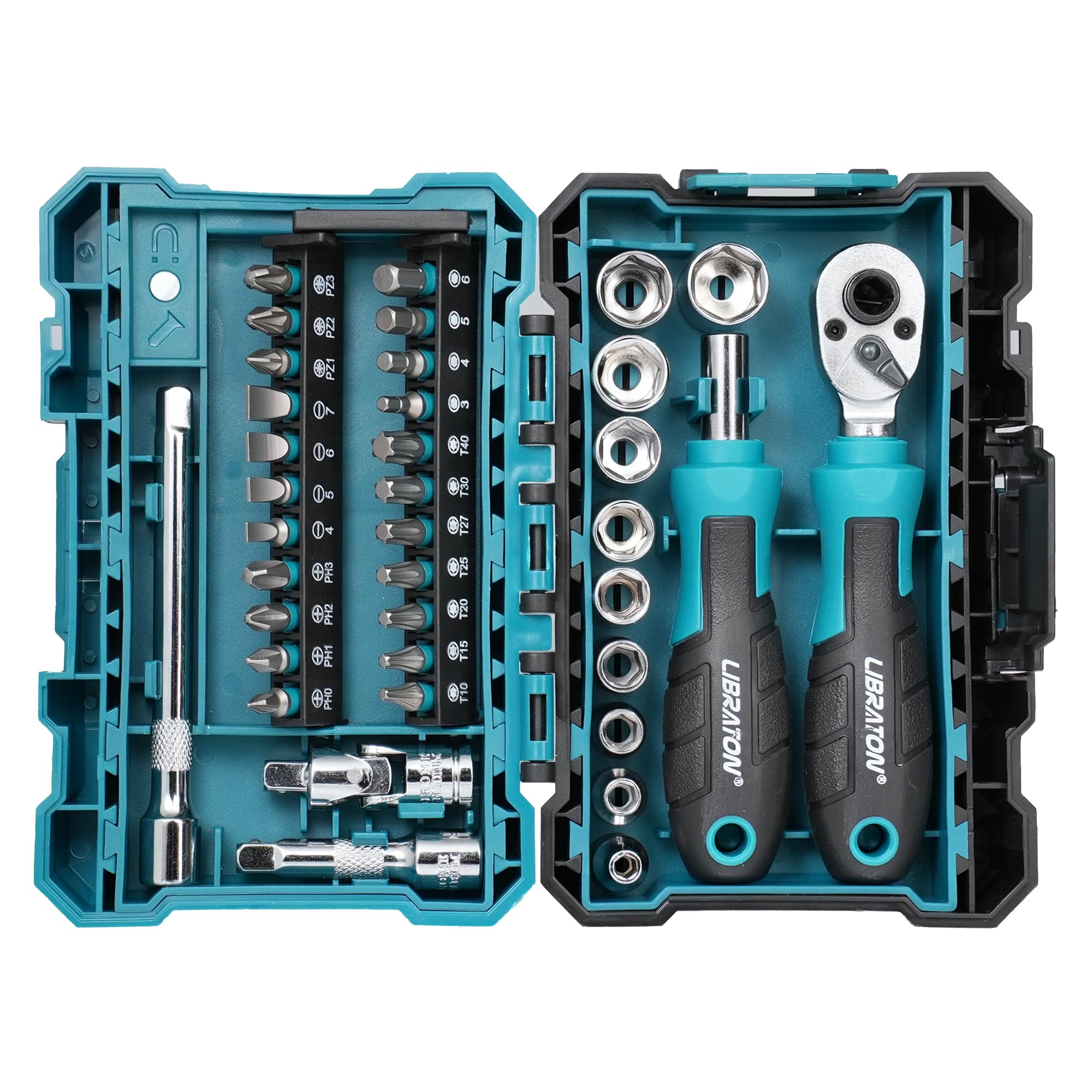 LIBRATON Juego de 37 llaves de trinquete y mini llaves de trinquete de 1/4 pulgadas con brocas, llaves poco profundas de 4 a 13 mm, mango magnético de conductor, barras de extensión y junta universal