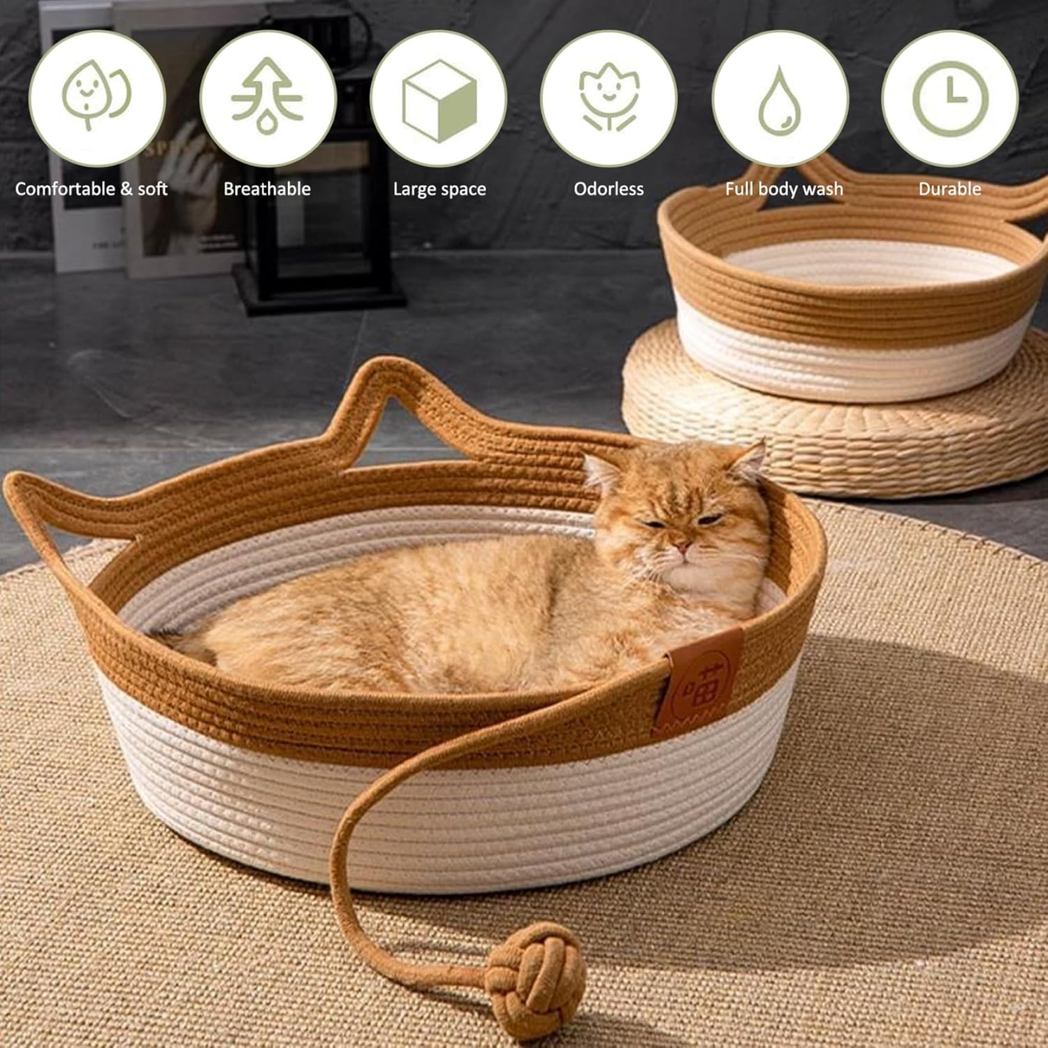 Cama de cuerda de algodón tejida a mano para gatos, hamaca plegable para dormir, cesta hecha a mano, natural, rascador para gatitos, estilo lindo con una pelota de cuerda de juego, grande,