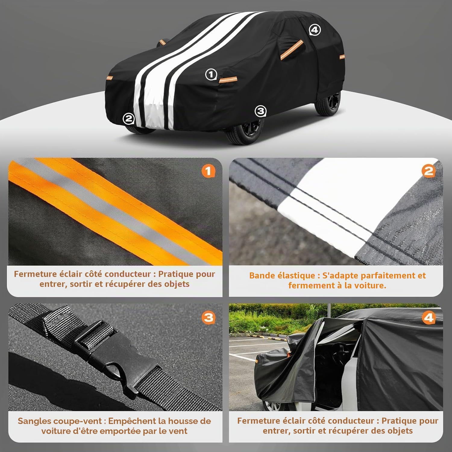 Kayme Bâche Voiture Étanche Respirante, Housse de Protection Voiture Extérieur Contre Pluie Soleil avec Serviette. Compatible avec CLA, Corolla, Mazda 3, Octavia etc. pour Berline 445 à 470 cm
