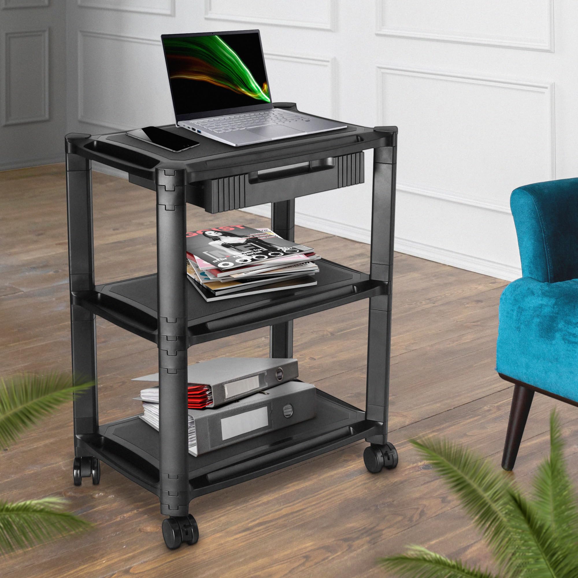RICOO Rollcontainer mit Schubladen Schreibtisch schwarz WM5-L Rollwagen Schubladenelement modular Rollschrank schmal Bürocontainer Allzweckwagen Druckertisch