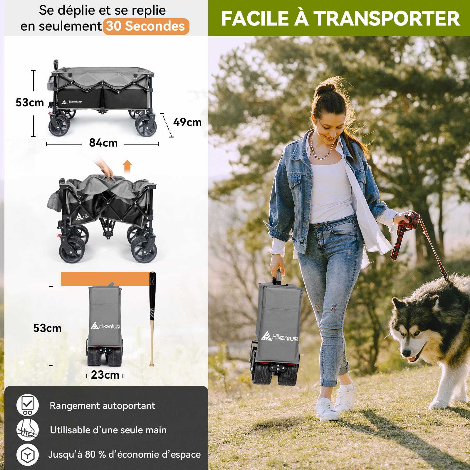 HIKENTURE Chariot de Transport Pliable avec Frein 135L 150KG - Roues Extra Larges 20x10cm - Tout Terrain pour Plage, Courses, Camping, Festival, Jardin, Pêche, Noir/Gris