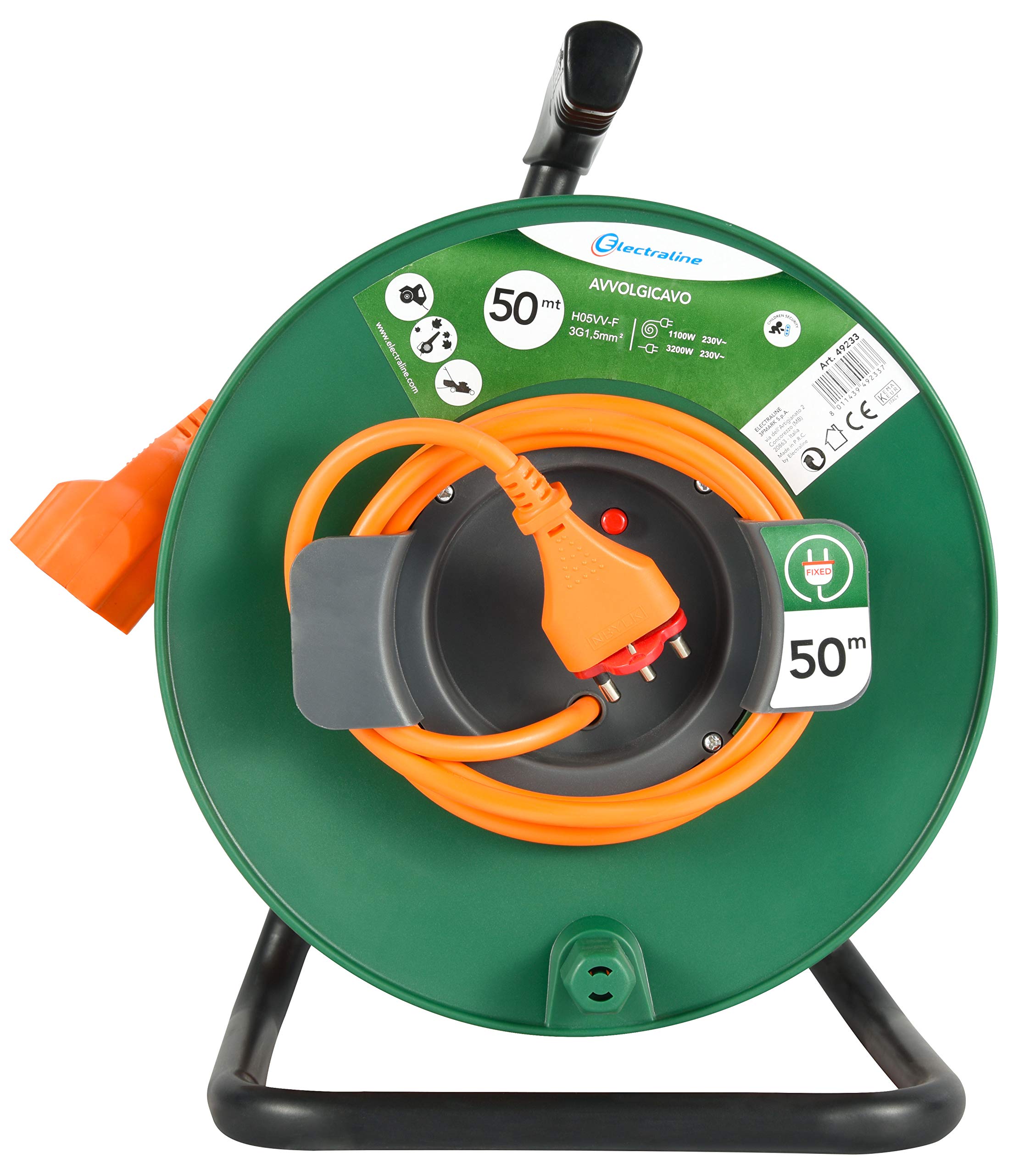 Electraline 49233 Prolunga Giardino con Avvolgicavo 50 mt Spina 16A e Presa Polivalente (Schuko + 10/16A) Adatta per Elettrodomestici da Giardinaggio, con Protezione, Verde/Arancione