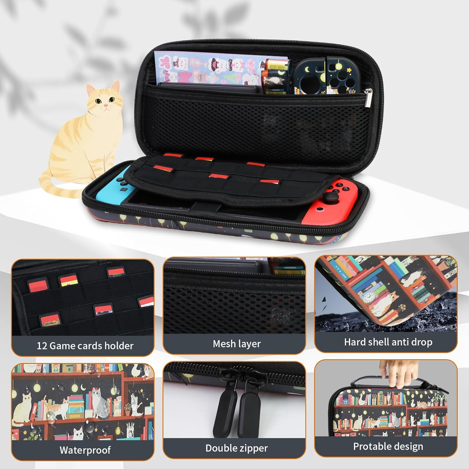 PERFECTSIGHT Switch Carrying Case for Nintendo Switch Console with 10 in 1 Bundle Accessories, Cute Travel Carry Bag with Game Card Storage Thumb Grip Caps and Switch Protective Case Cover, Black Cats - Image 2