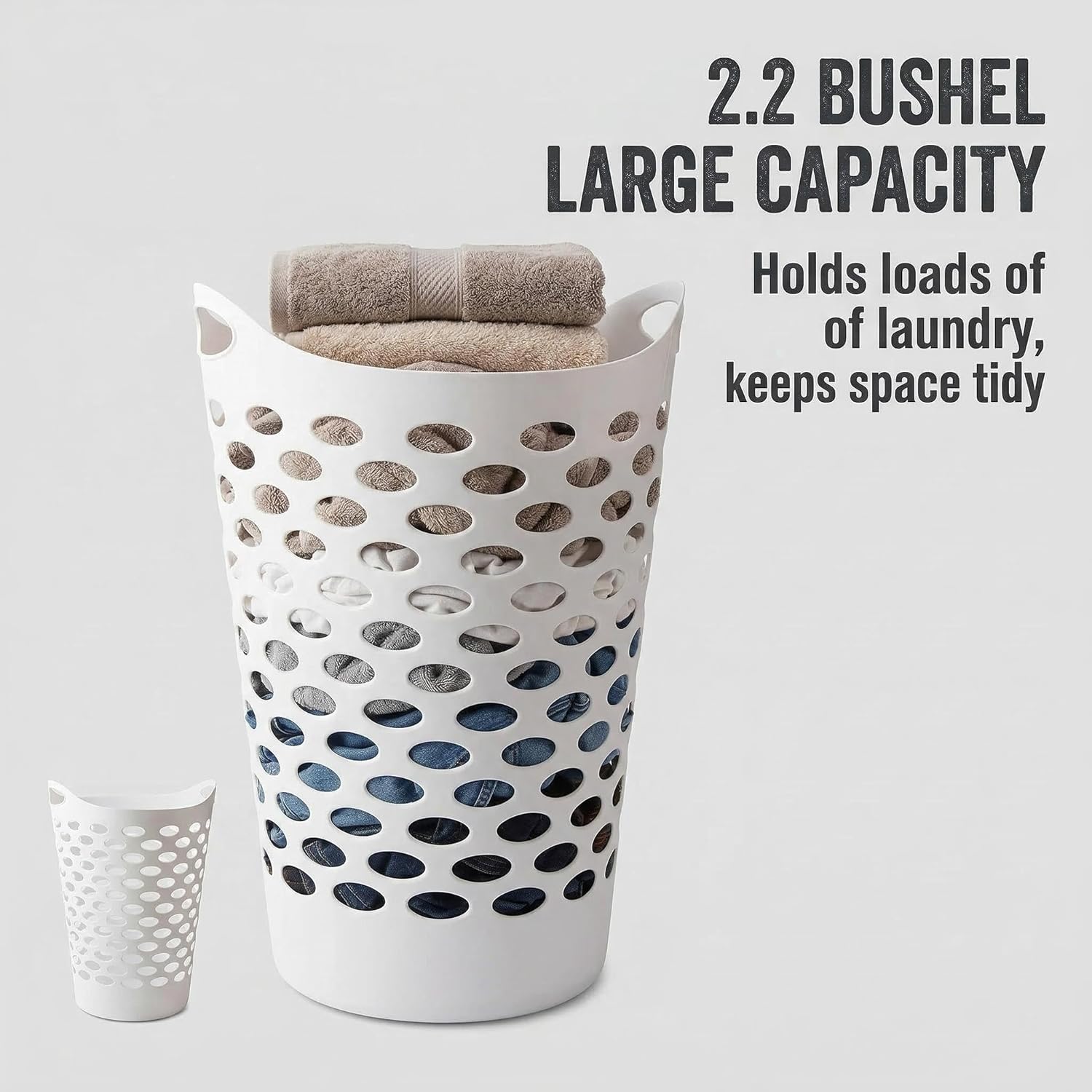 (2-Pack) 2.2 BUSHEL Flexible Laundry Basket, Lightweight and Easy to Clean，Tall Plastic Hamper for Clothes，Bedroom and Storage - Portable Circular Laundry Basket with Handle，White