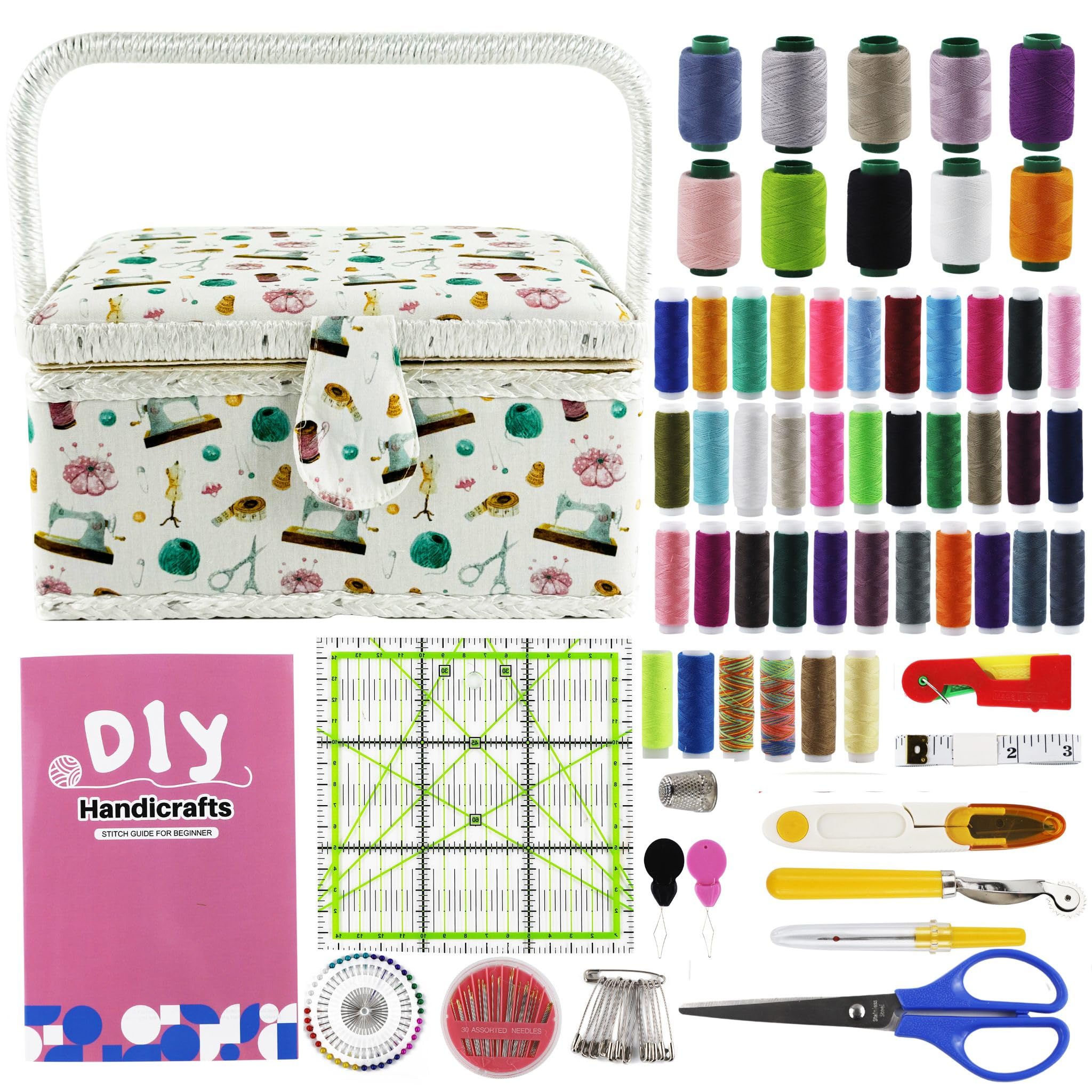 SusggO 140 pezzi da cucito con accessori e guida basica punti. Cucito Legno foderato Tessuto Cucito Accessori Kit Cucito per Adulti Scatola Cucitura Regole di Cucito Modello Patchwork (BIANCO)