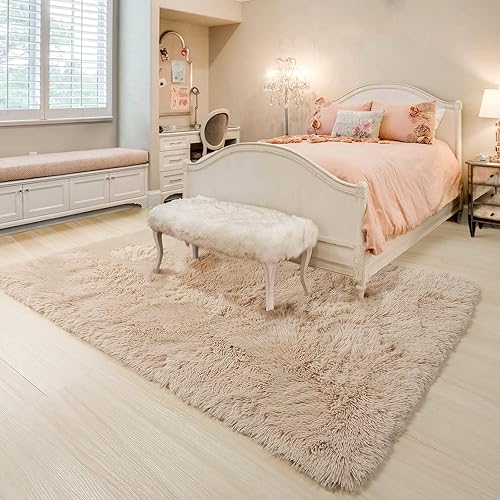 Miniatura 4 de RUGTUDER Alfombra de 5 x 8 pies para sala de estar, alfombra suave y esponjosa beige para dormitorio, alfombra de área grande para niños y bebés,