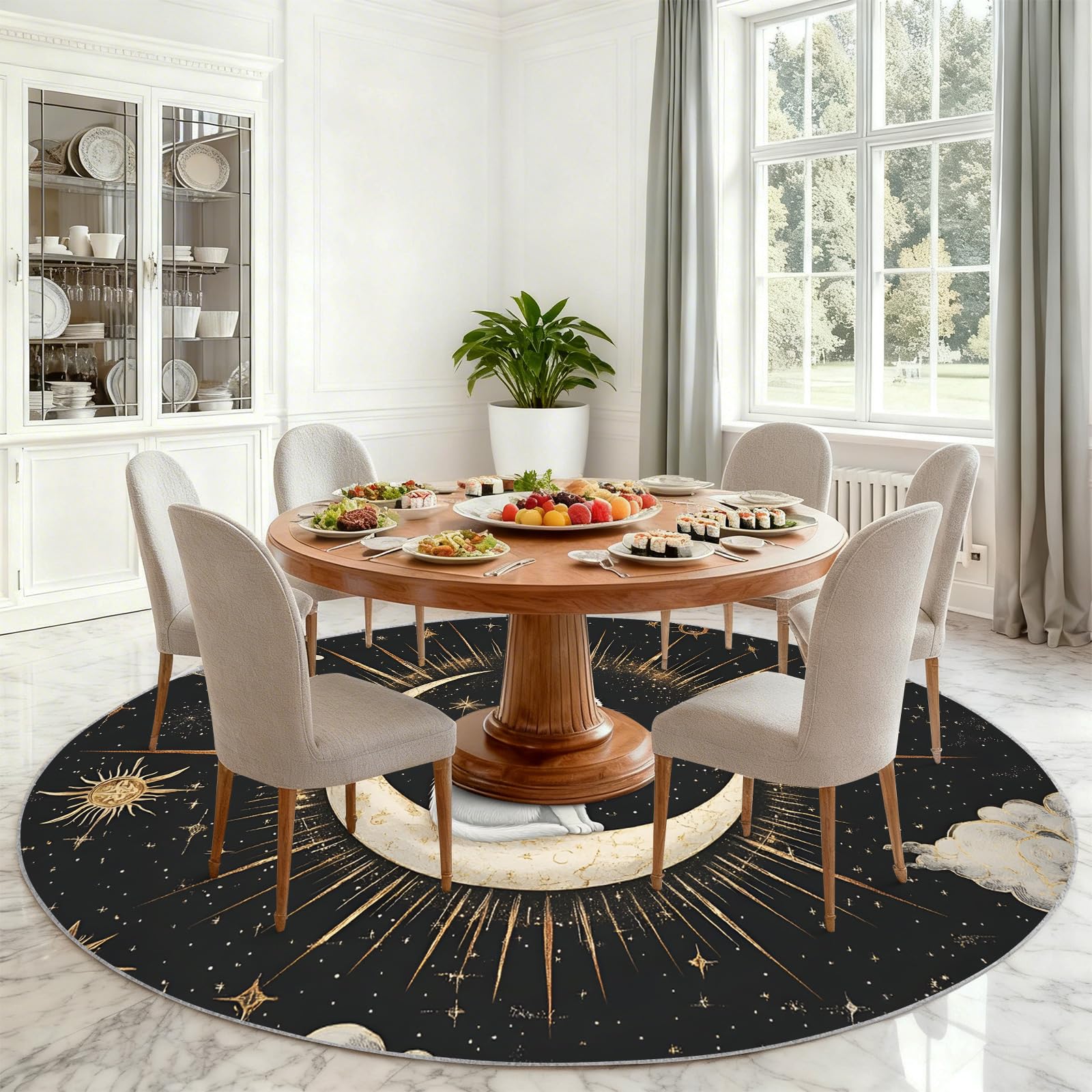 Générique Tapis Rond bohème de 120 cm, Motif Chat Lune, pour Chambre à Coucher, Salon, Bureau, Table Basse, décoration d'intérieur