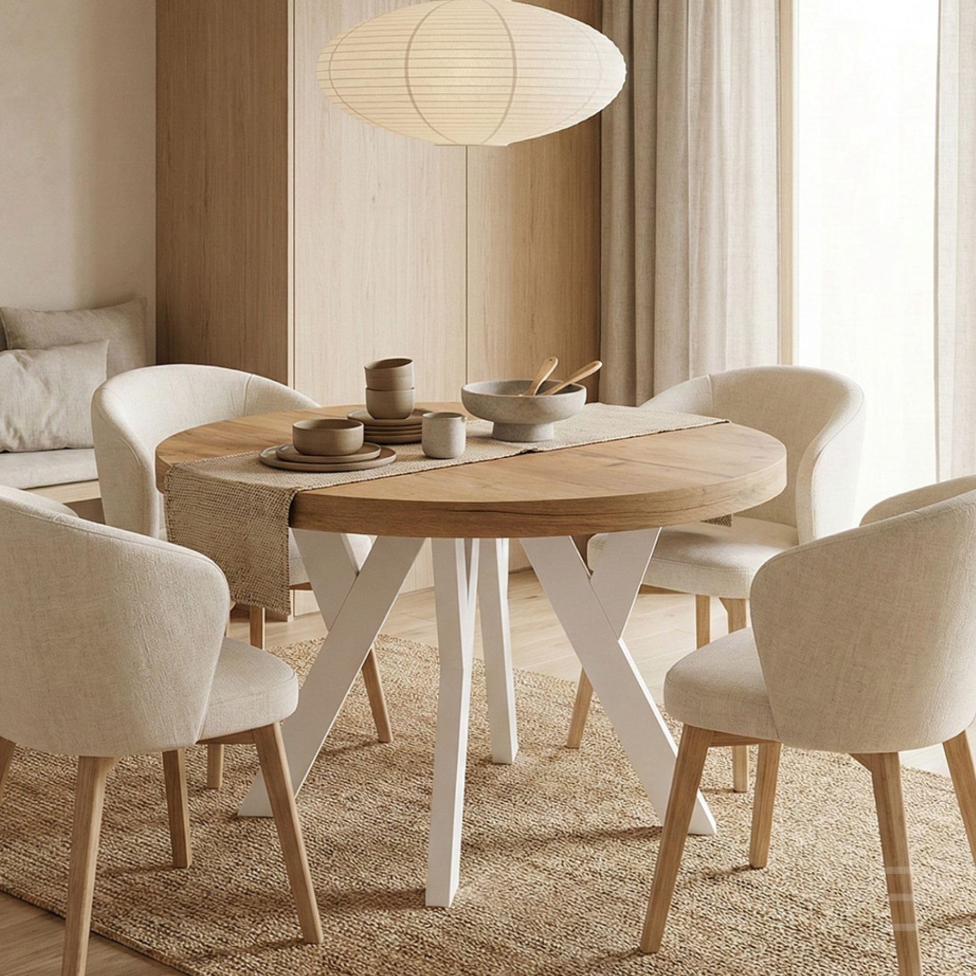 Runder Ausziehbarer Tisch für Esszimmer mit Holzbeinen, Pero, Loft-Stil, Skandinavische, Durchmesser Varianten: von 90 bis 220 cm (Eiche Artisan/Weiß, 90/140 cm)