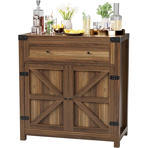 JUMMICO Coffee Bar Cabinet Farmhouse Kitchen Sideboard Buffet Cabinet with Drawer and Adjustable Shelf Barn Door Storage Cabinet for Kitchen, Dining Room, Bathroom, Entryway (Brown)