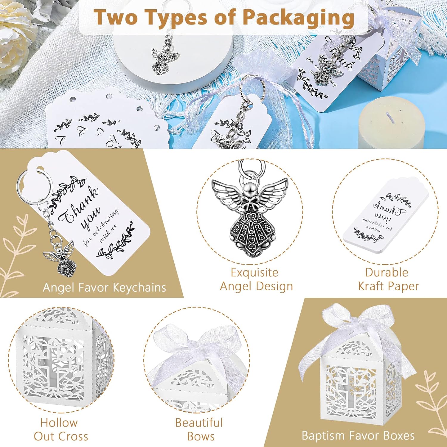 Bonuci 120 Pieces Recuerdos De Bautizo Baptism Party Supplies Angel Keychain Pendant First Communion Party Boxes White Organza Bags with Drawstring Thank You Tags for Guests Shower, 30 Sets - Image 3