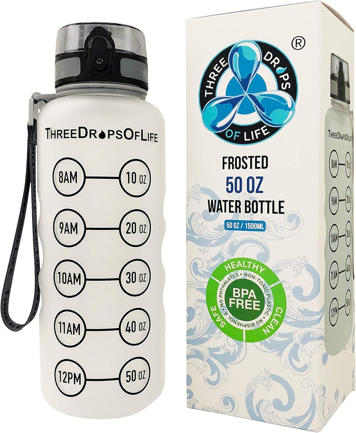 Three Drops of Life New 50oz Large Sport Water Bottles, Best Frosted Clear 