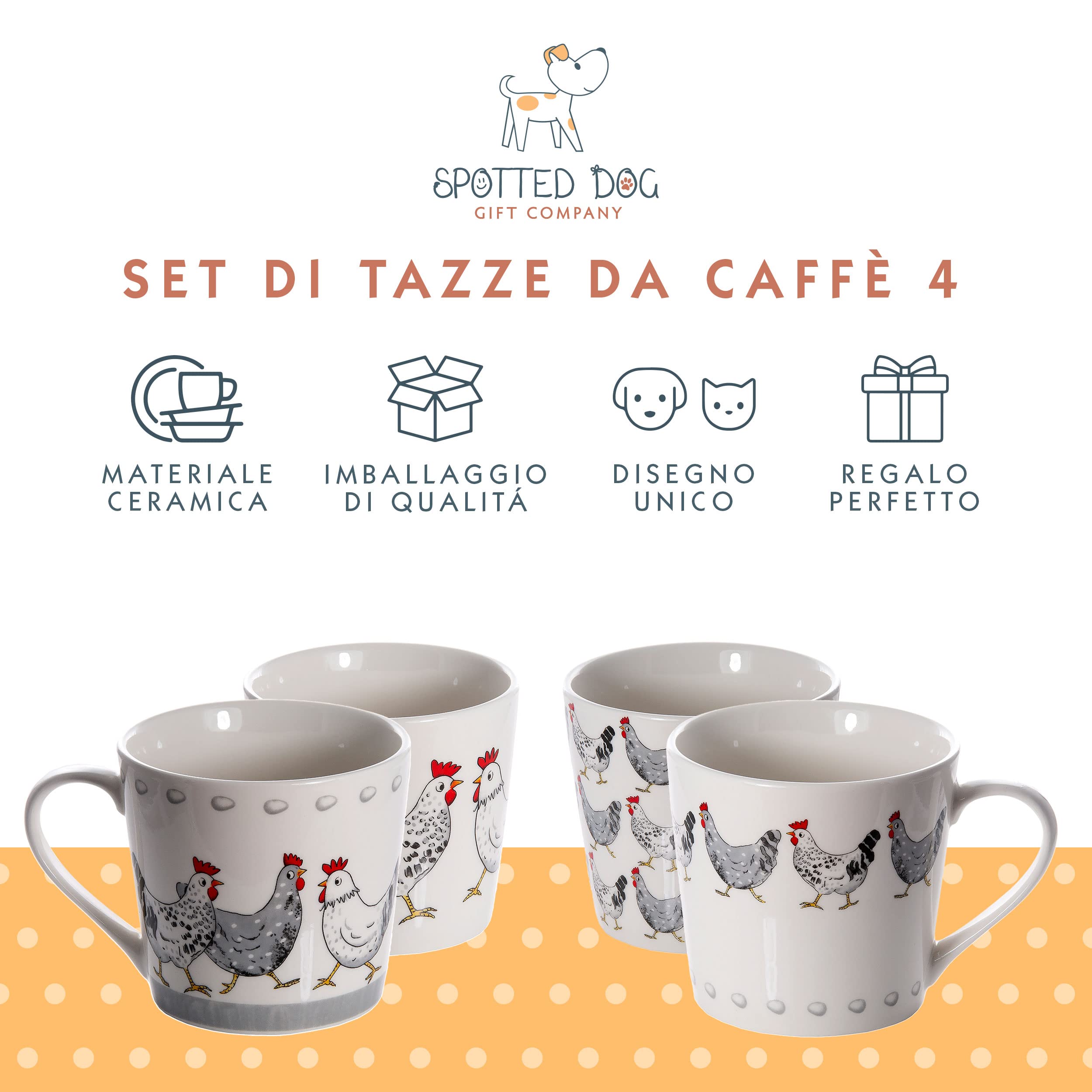 SPOTTED DOG GIFT COMPANY Set di 4 Tazze da Caffè in Ceramica 380 ml per Caffè e Tè, Tazze con Animali a Tema Gallo e Gallina, Adatte a Lavastoviglie e Microonde, Idea Regalo per chi ama gli animali