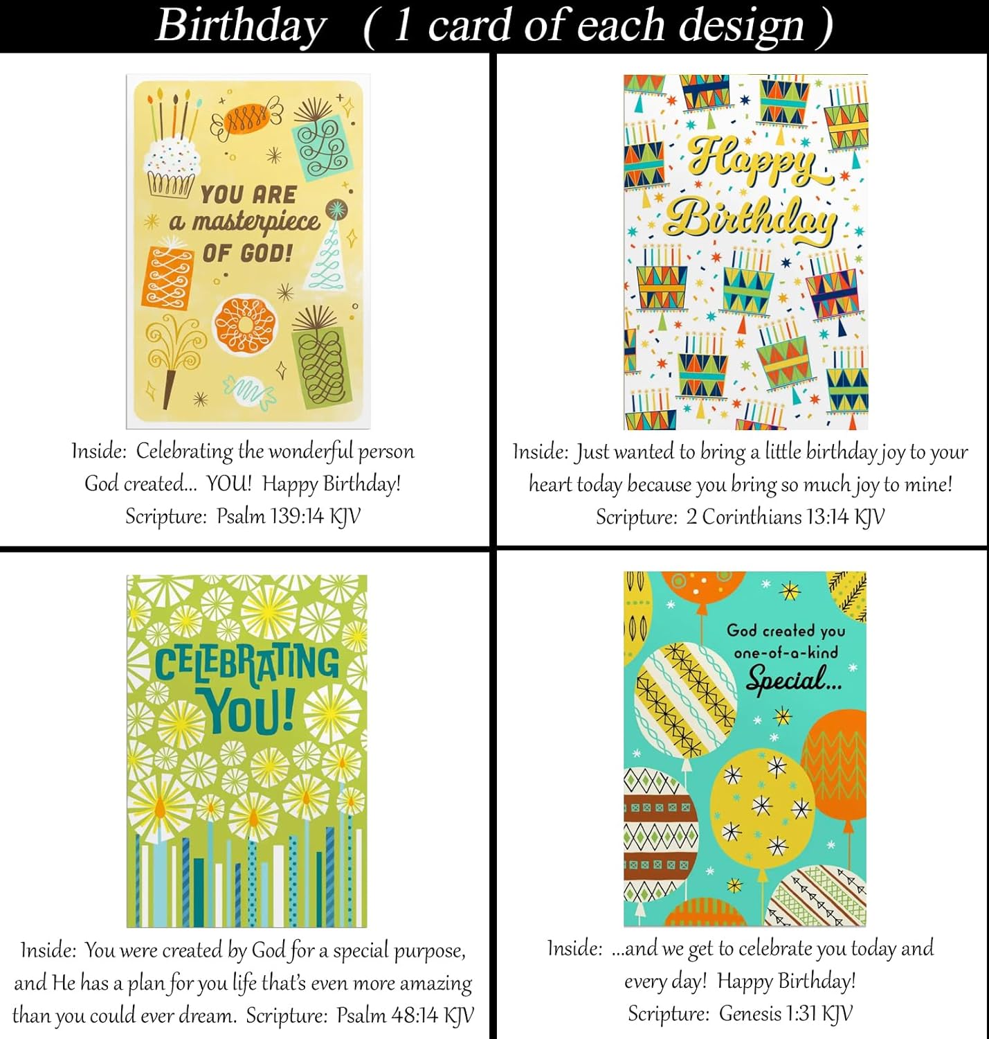 Birthday ~ No Repeated Designs~ 32 Cards and Designs ~ Christian/Religious Greeting Card Assortment #2 ~ Scripture in every card ~ Envelopes Included