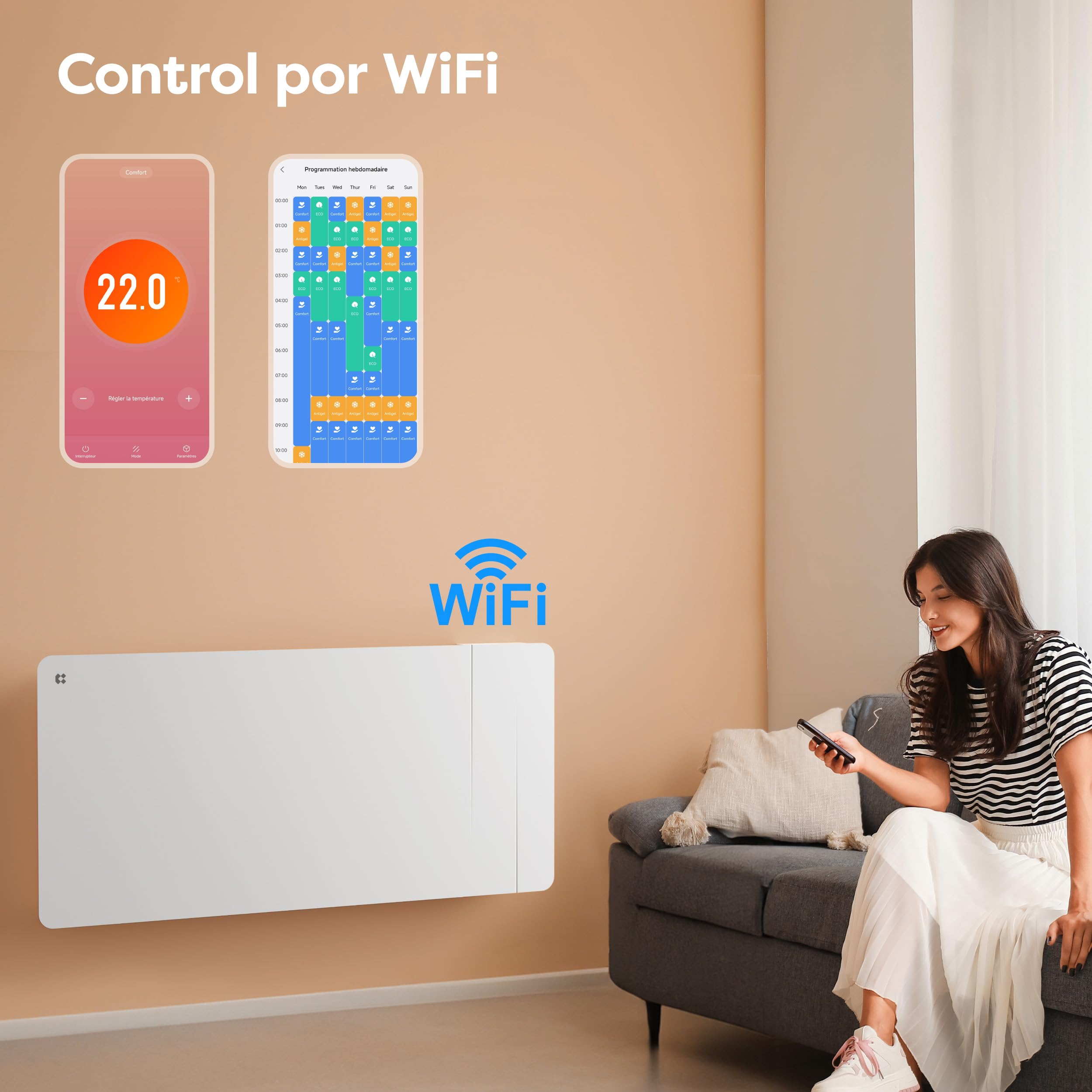 CIARRA CBHTD20A-W Radiador Inercia Cerámica 2000W -WiFi -Película Calefactora - Calefacción Ultrarrápida para Grandes Espacios (15-30 m²)