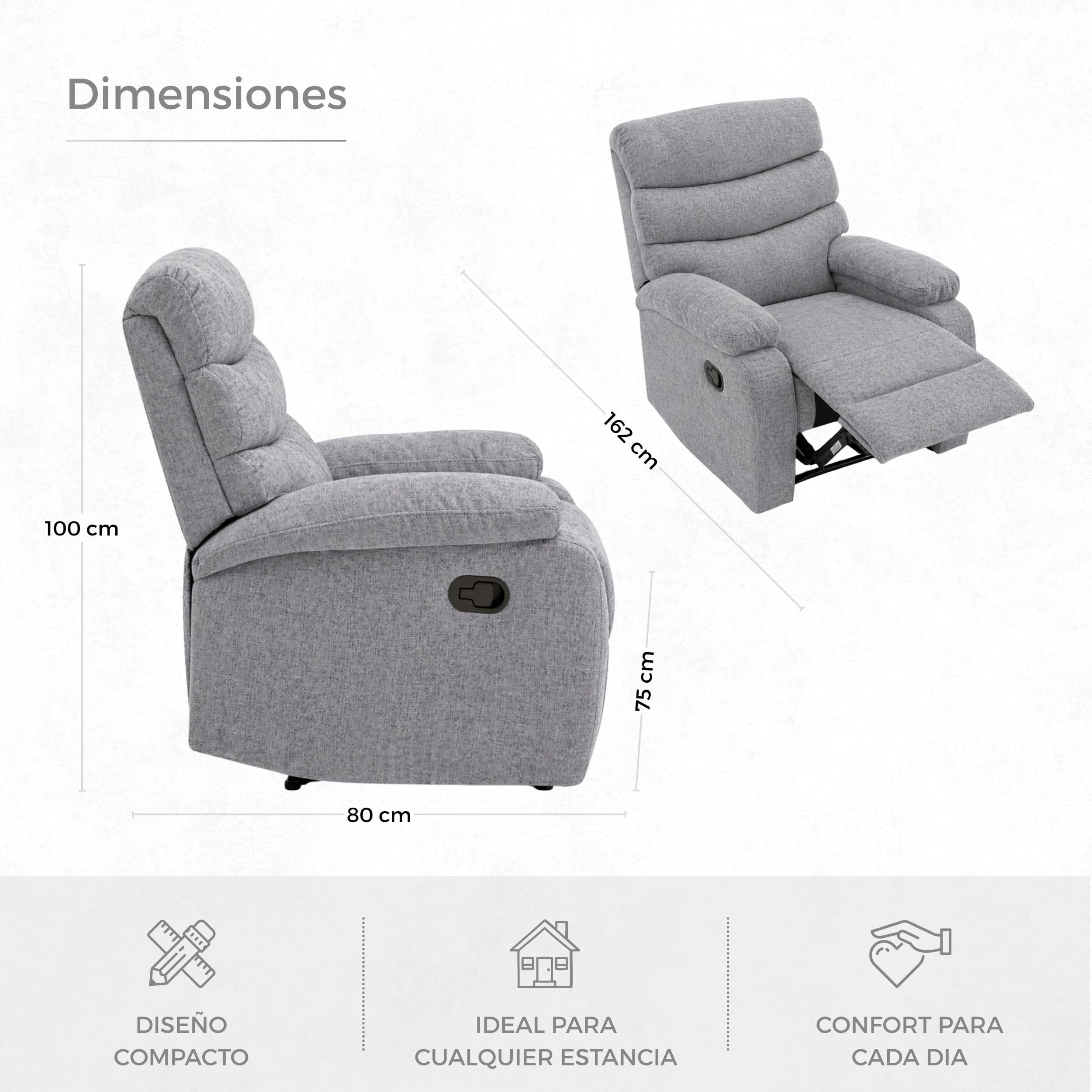 DESCANSIN - Sillon Relax Reclinable Manual con Palanca | Tapizado Tela Suave Antimanchas | Sillón Relax Asiento Firme y Respaldo Mullido | para 1 Persona | Relleno Resistente y Adaptable (Gris Claro)