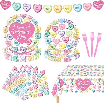 98Pcs Valentines Day Plates and Napkins Conversation Hearts Party Supplies Disposable Tableware Set with Banner and Tablecloth Conversation Heart Candy Decor Happy Valentines Day Party Decorations