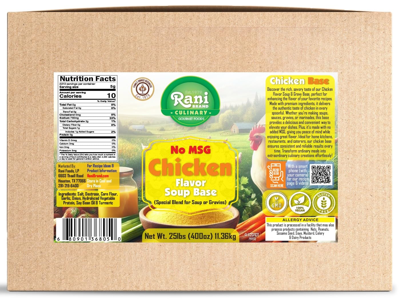Rani Premium Chicken Base (Special Blend for Soup or Gravies) 400oz (25lbs) 11.36kg Bulk Box ~ All Natural | Gluten Friendly | NON-GMO | Kosher | Vegan | Product of USA