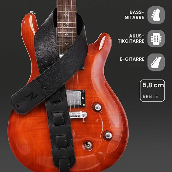 Nefelibata Gitarrengurt 2.3 breite Vollnarben-Gitarrengurte aus Leder mit weicher Polsterung für Bass- Elektro- und Akustikgitarre (Schwarz)
