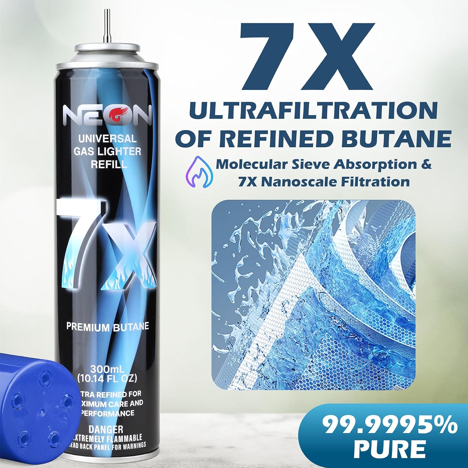 NEON Butane Refill, 300ml 7X Filtered Premium Butane Fuel, 12 Cans Pure Refined Lighter Fluid with 0 Impurities & 5 Butane Gas Adapters for Refillable Lighters, Butane Torches, Kitchen Blow Torch