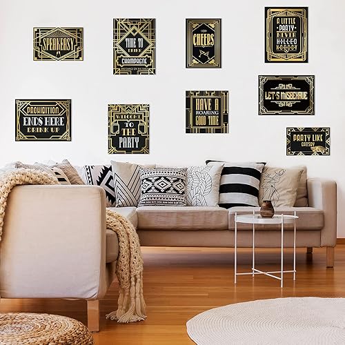 Miniatura 6 de 9 piezas de decoraciones de fiesta de los años 20 en negro y dorado retro para fiesta de jazz de los años veinte, kit de decoración para fiestas
