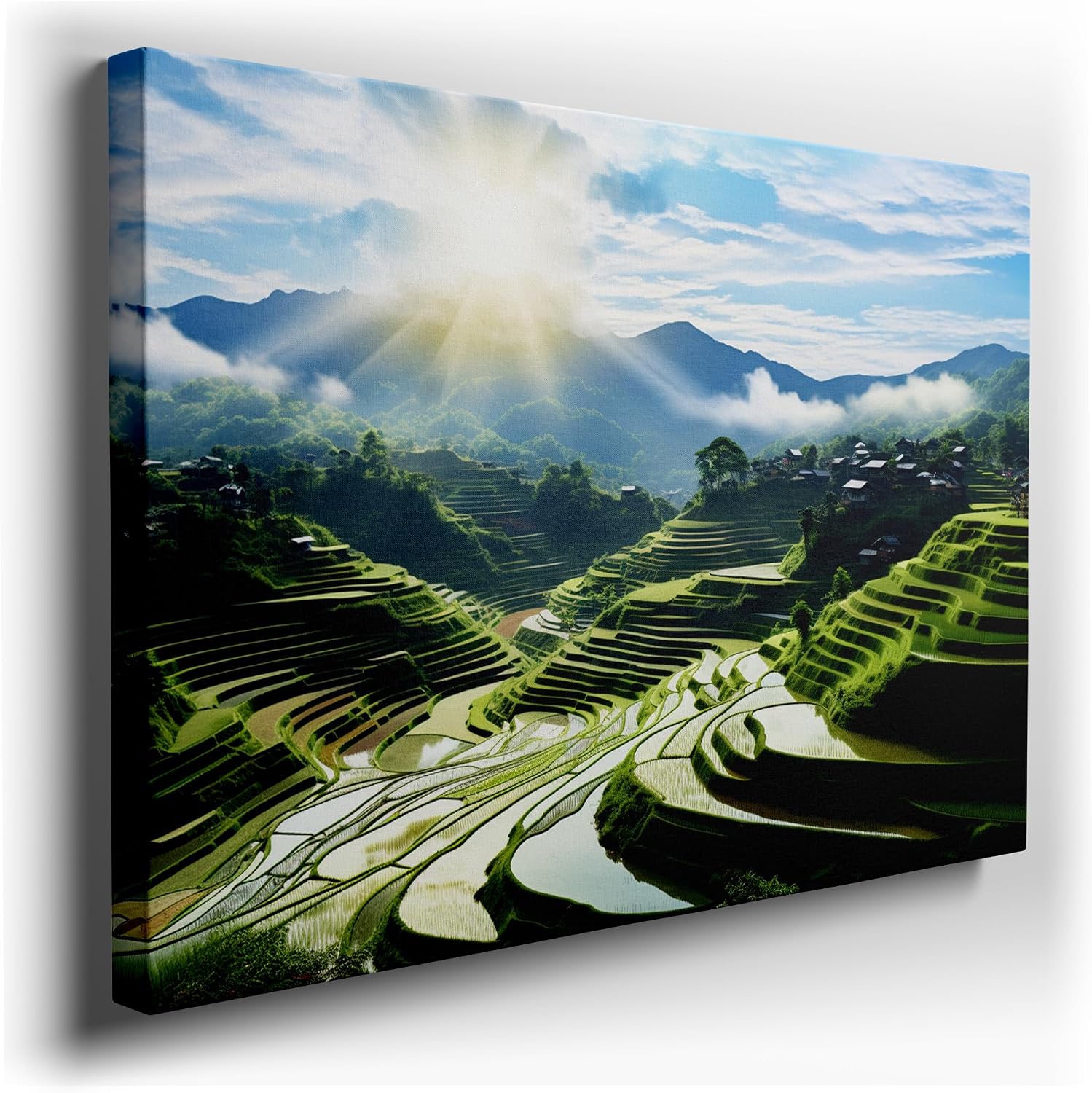 Canvas for Living room. Dawn's Serenity: An Ode to the Picturesque Green Terraces, 27 x 18 inch Canvas Wall Art - Ready to Hang