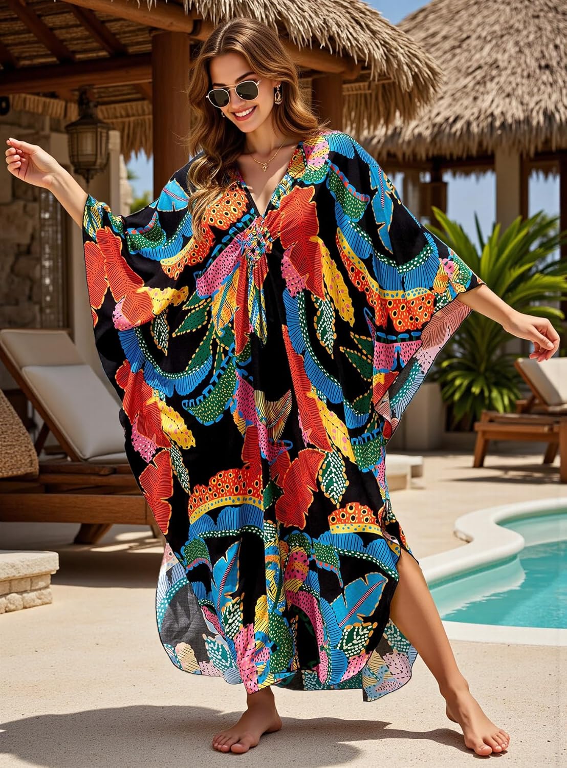 Kaftan Dresses for Women Plus Size Caftan Swimsuit Cover Up, Boho Beach Dress with Batwing Sleeves - Image 3